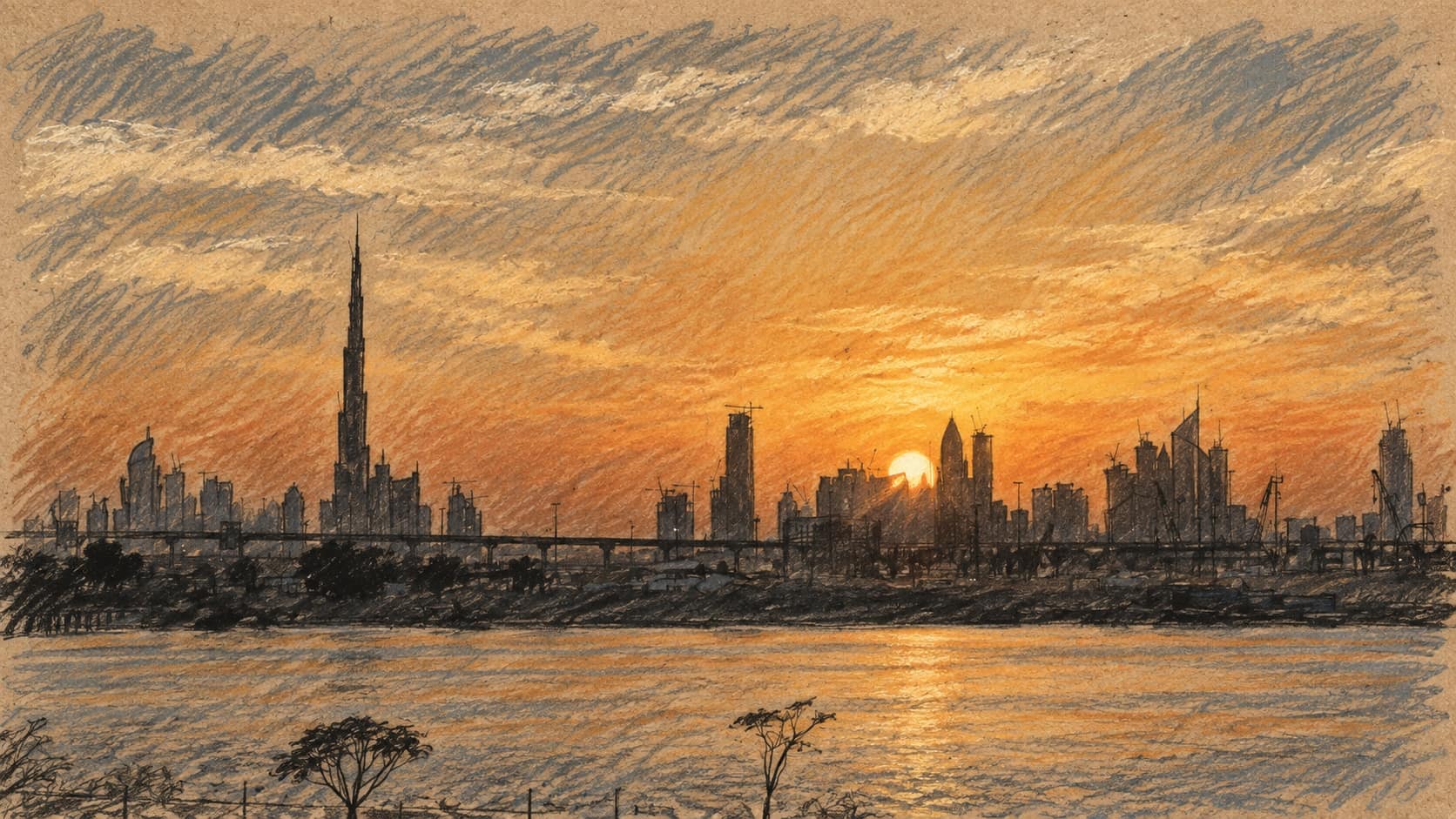 Courtroom-sketch editorial illustration of an archival Dubai skyline at sunset across water from Festival City, used as city context for the flight cancellations