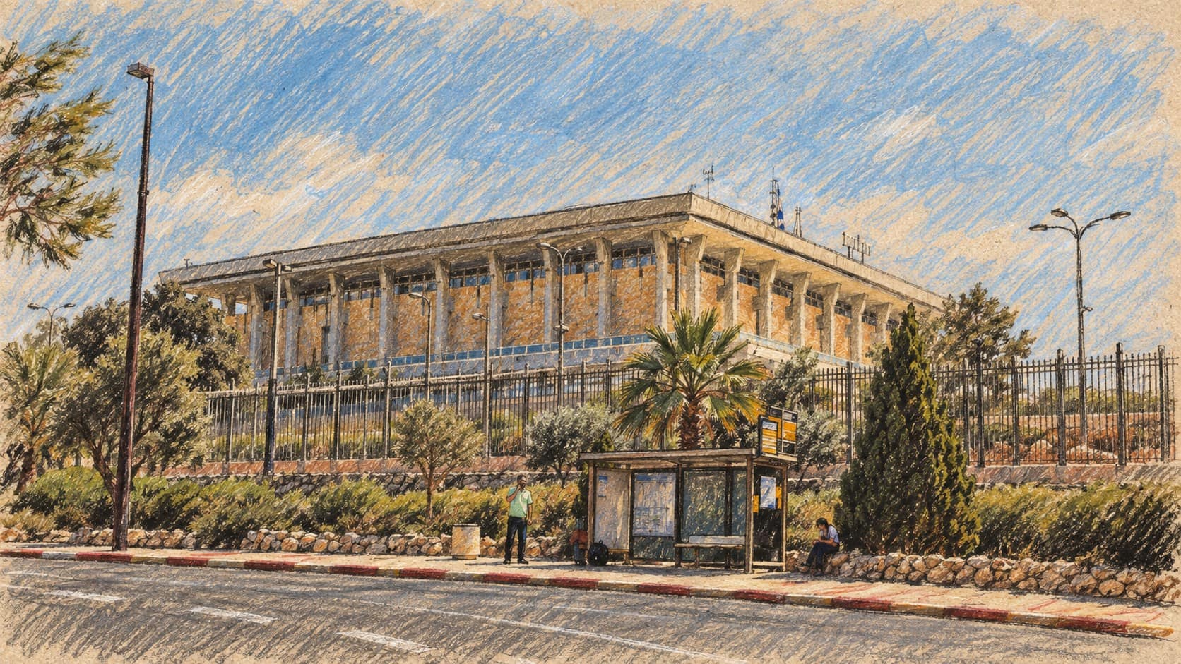 Courtroom-sketch editorial illustration of the Knesset building across a road, shown as archival parliamentary context; it does not depict the reported appeal or arrests.
