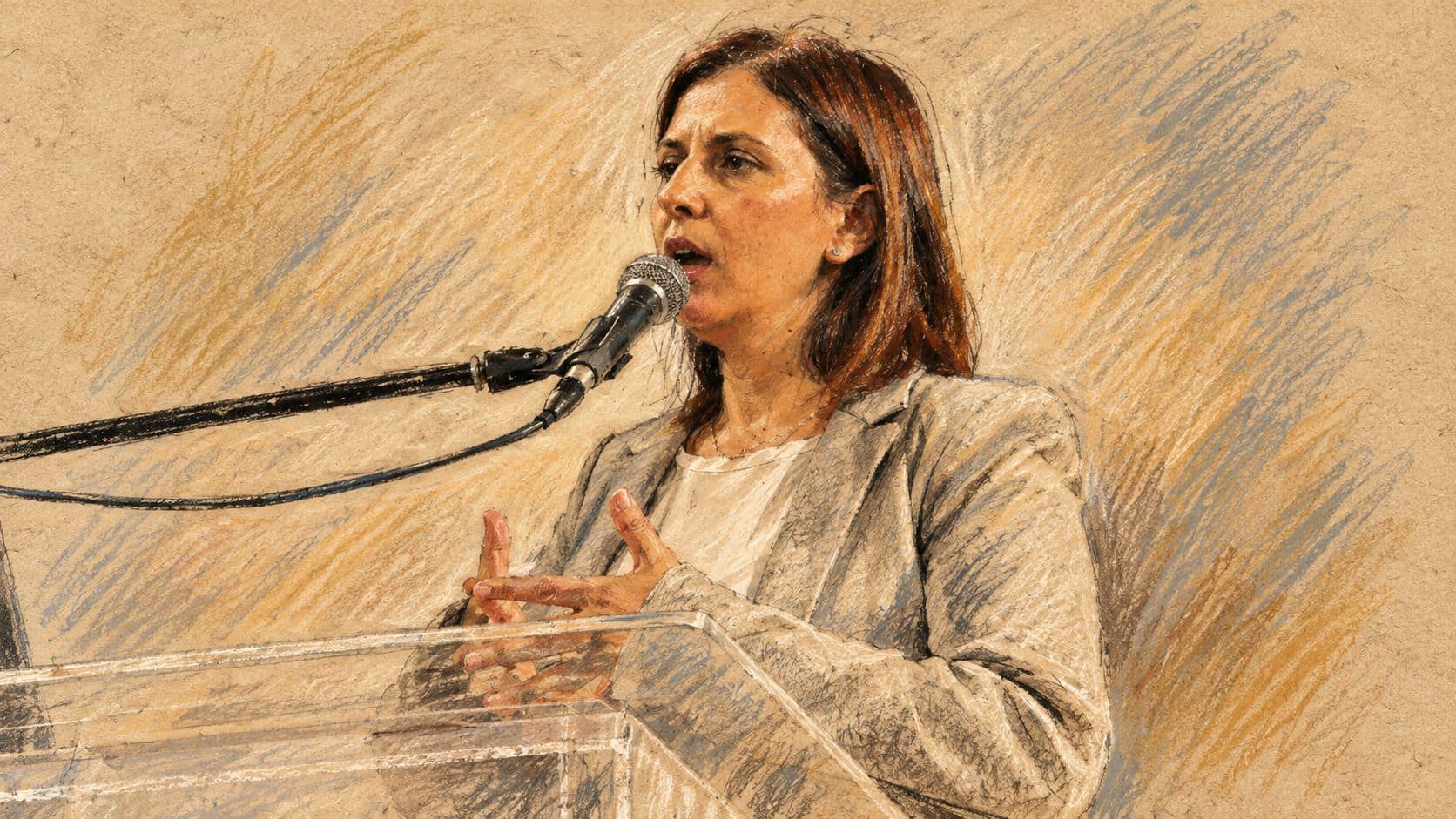 Courtroom-sketch editorial illustration of Gila Gamliel speaking at a lectern in an archival 2015 portrait; contextual minister portrait, not Aviv Itach or a new appointment.