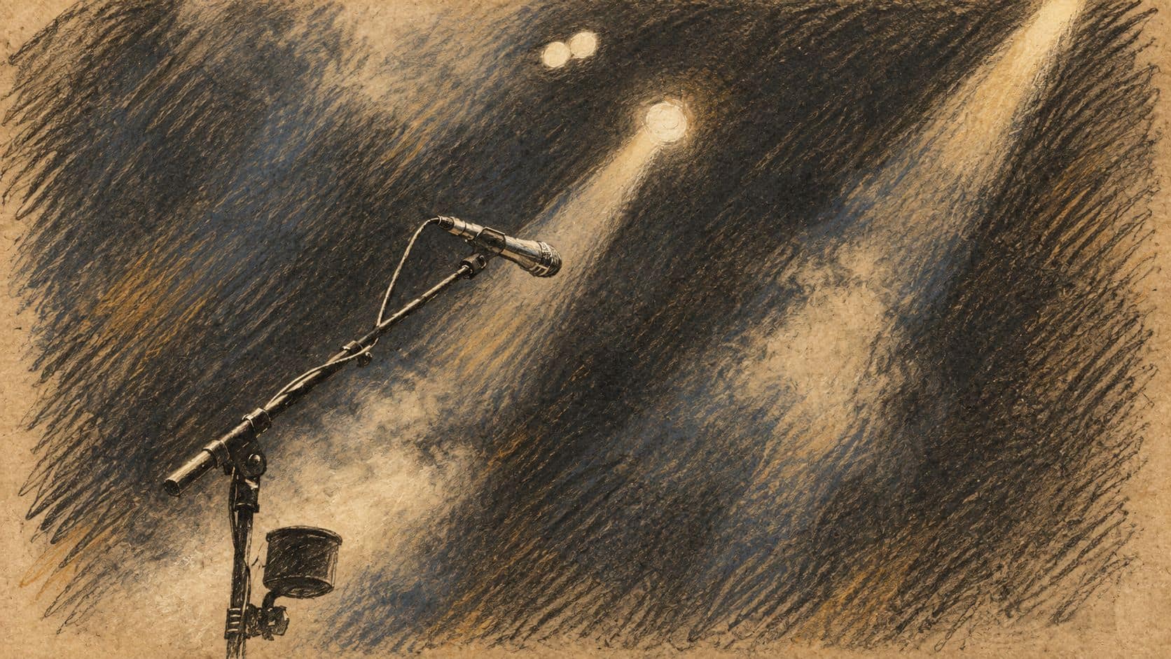 Courtroom-sketch editorial illustration of an archival empty-stage microphone, used as musical context for the reported concert postponement