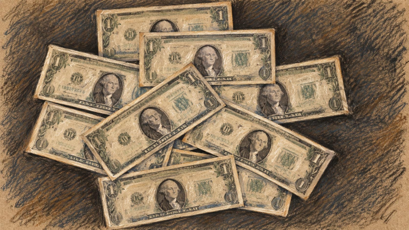 Courtroom-sketch editorial illustration of overlapping American one-dollar banknotes on a dark tabletop, adapted from an archival 1969 photograph as currency context