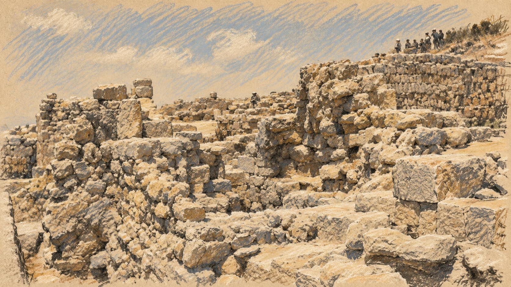 Courtroom-sketch editorial illustration of the ruins of ancient Samaria near Sebastia, based on an archival photograph for geographic context