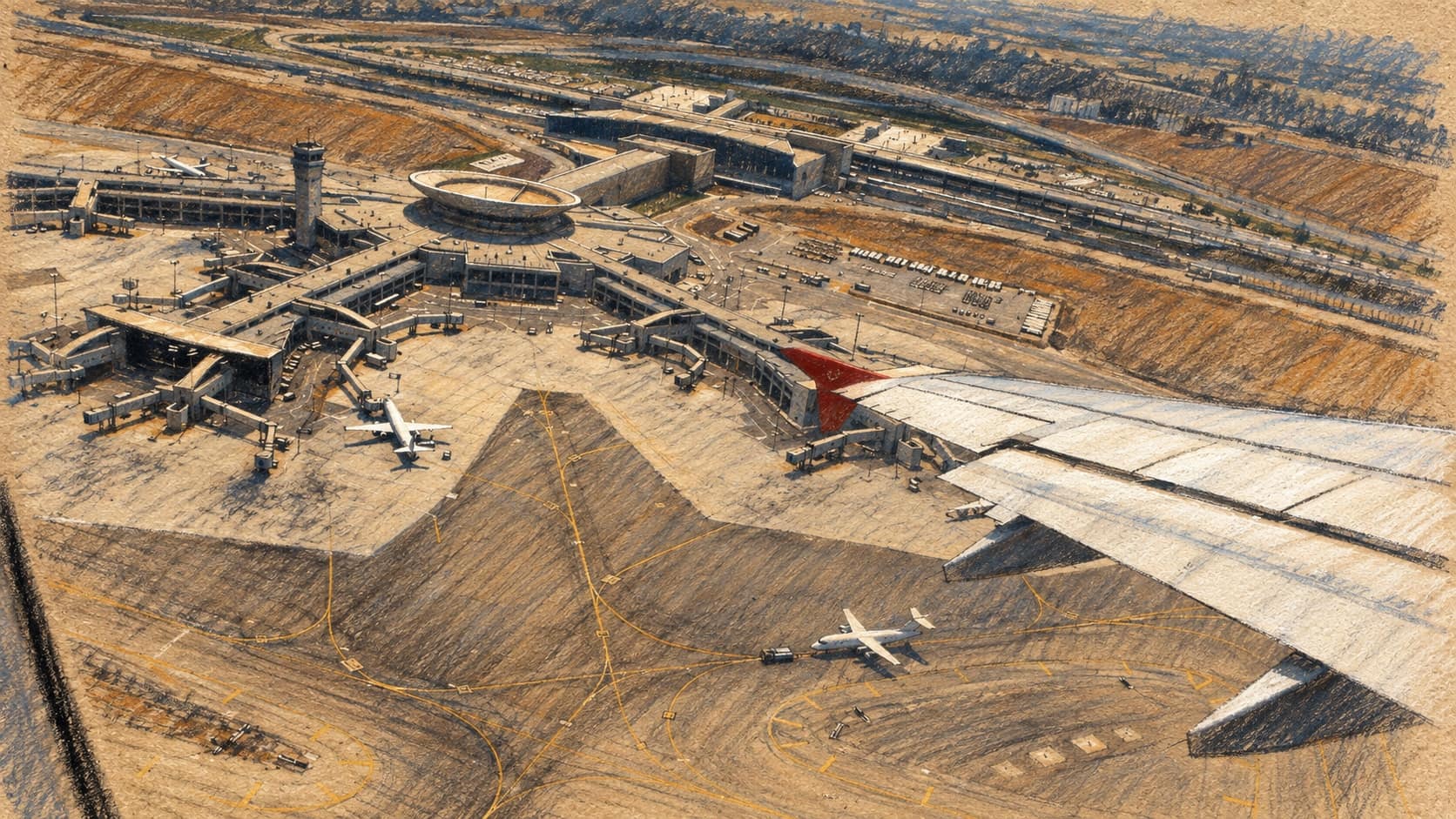 Courtroom-sketch editorial illustration of an archival aerial view of Ben Gurion Airport Terminal 3 and its apron, seen past an aircraft wing in the right foreground; contextual airport scene from 2006.