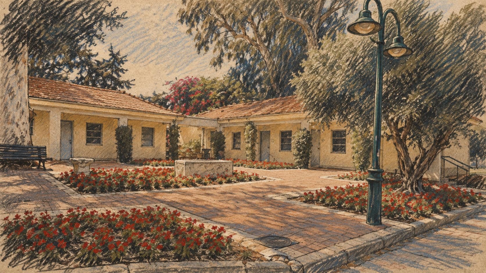 Courtroom-sketch editorial illustration of an empty courtyard with pale-yellow buildings, flower beds, trees and a green streetlamp at Reichman University, based on a July 2026 archival photograph of the conference venue; it does not depict Tomer or the conference.
