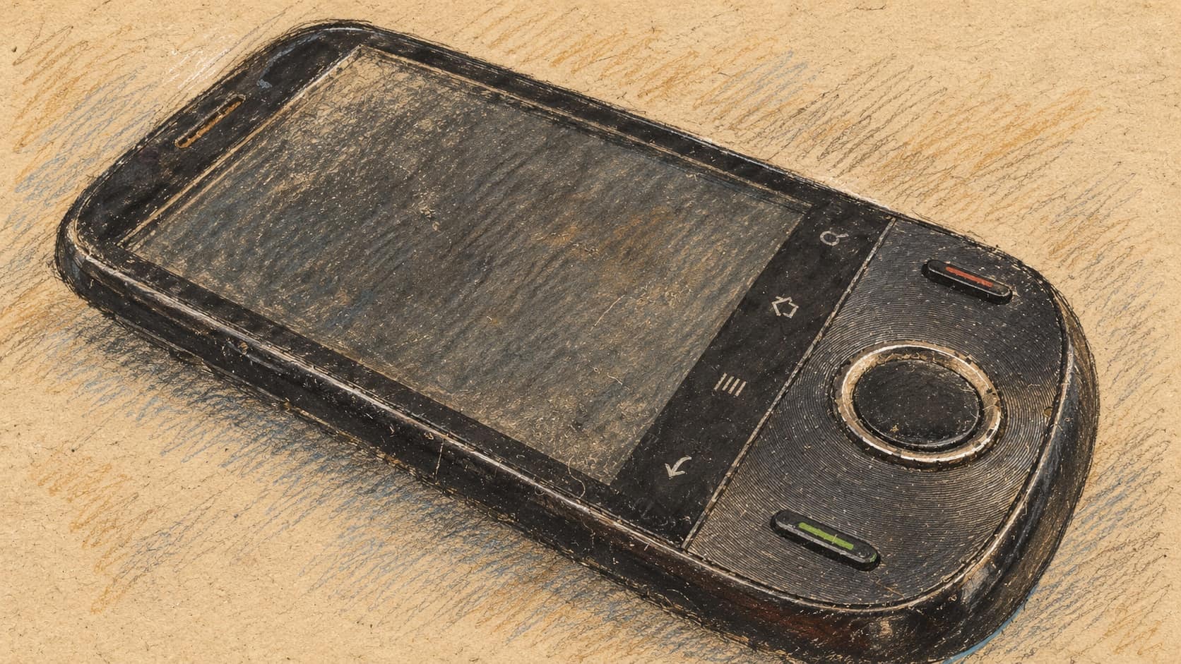 Courtroom-sketch editorial illustration of an archival Android smartphone lying diagonally on a table with a blank screen and physical controls