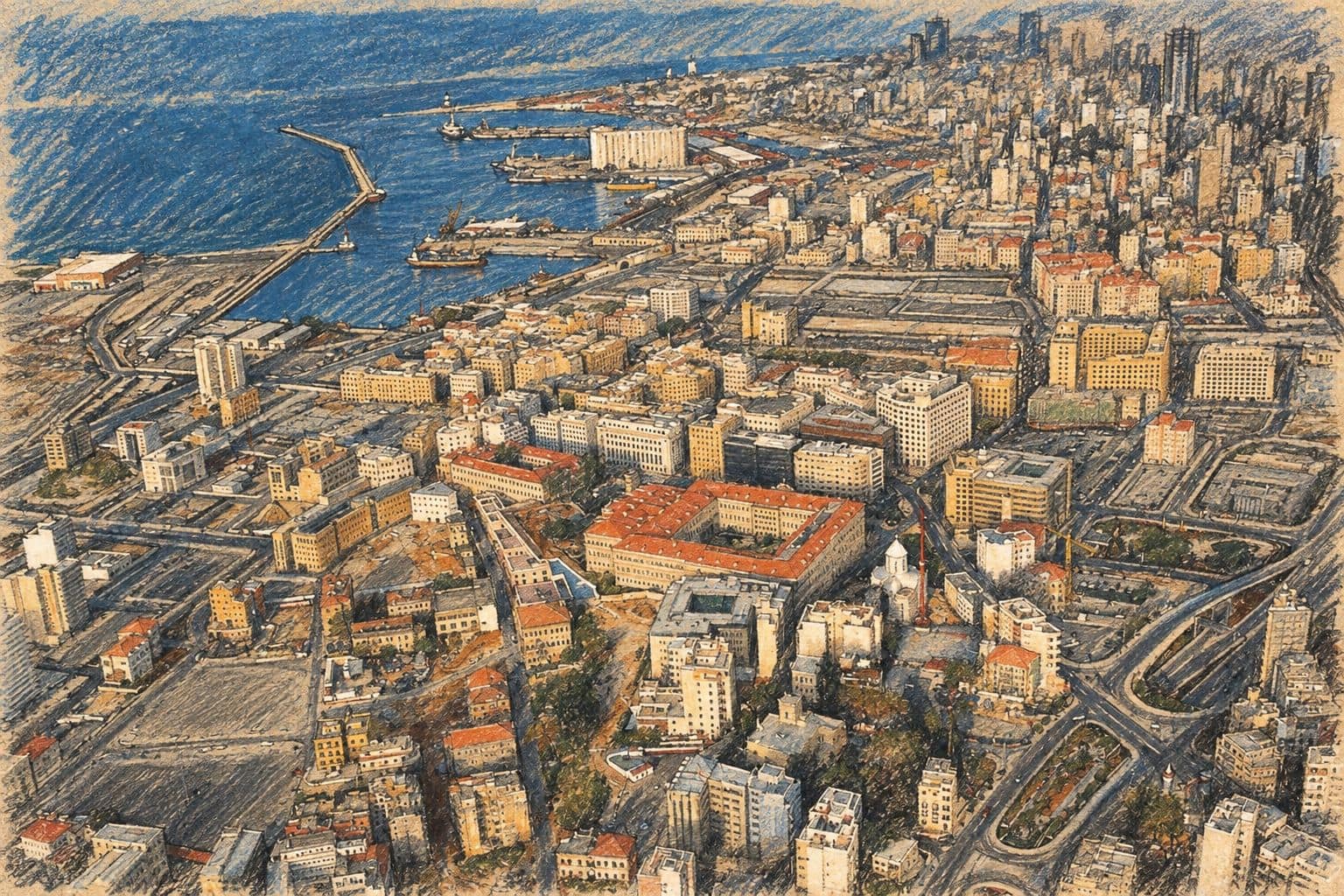 Courtroom-sketch editorial illustration of central Beirut and its harbor, based on an archival March 2005 aerial view used as geographic context