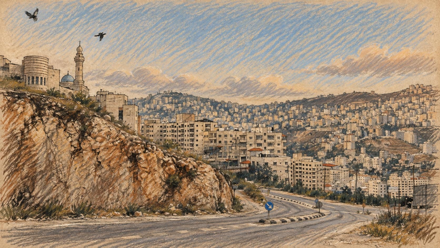 Courtroom-sketch editorial illustration of a road, rocky hillside and Nablus cityscape, adapted from an archival May 2024 photograph as geographic context; not a depiction of the October 2026 operation