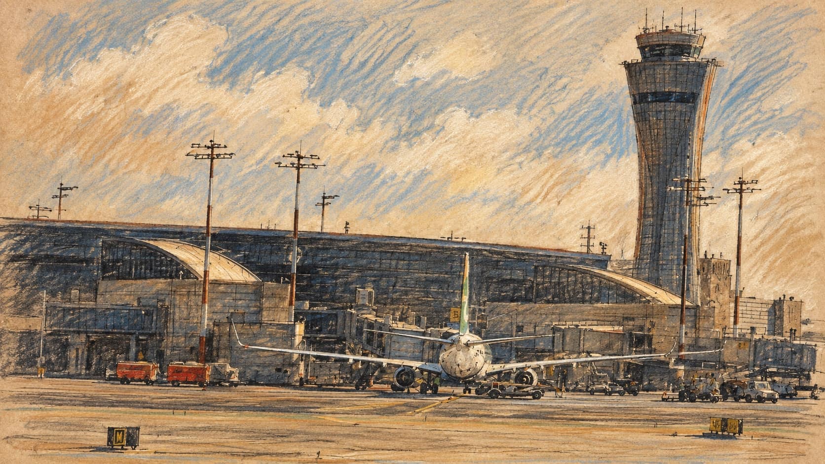Courtroom-sketch editorial illustration of Ben Gurion Airport’s terminal, parked passenger aircraft and control tower, based on a February 2026 contextual view; it does not depict the diverted flight or the Saudi investigation.