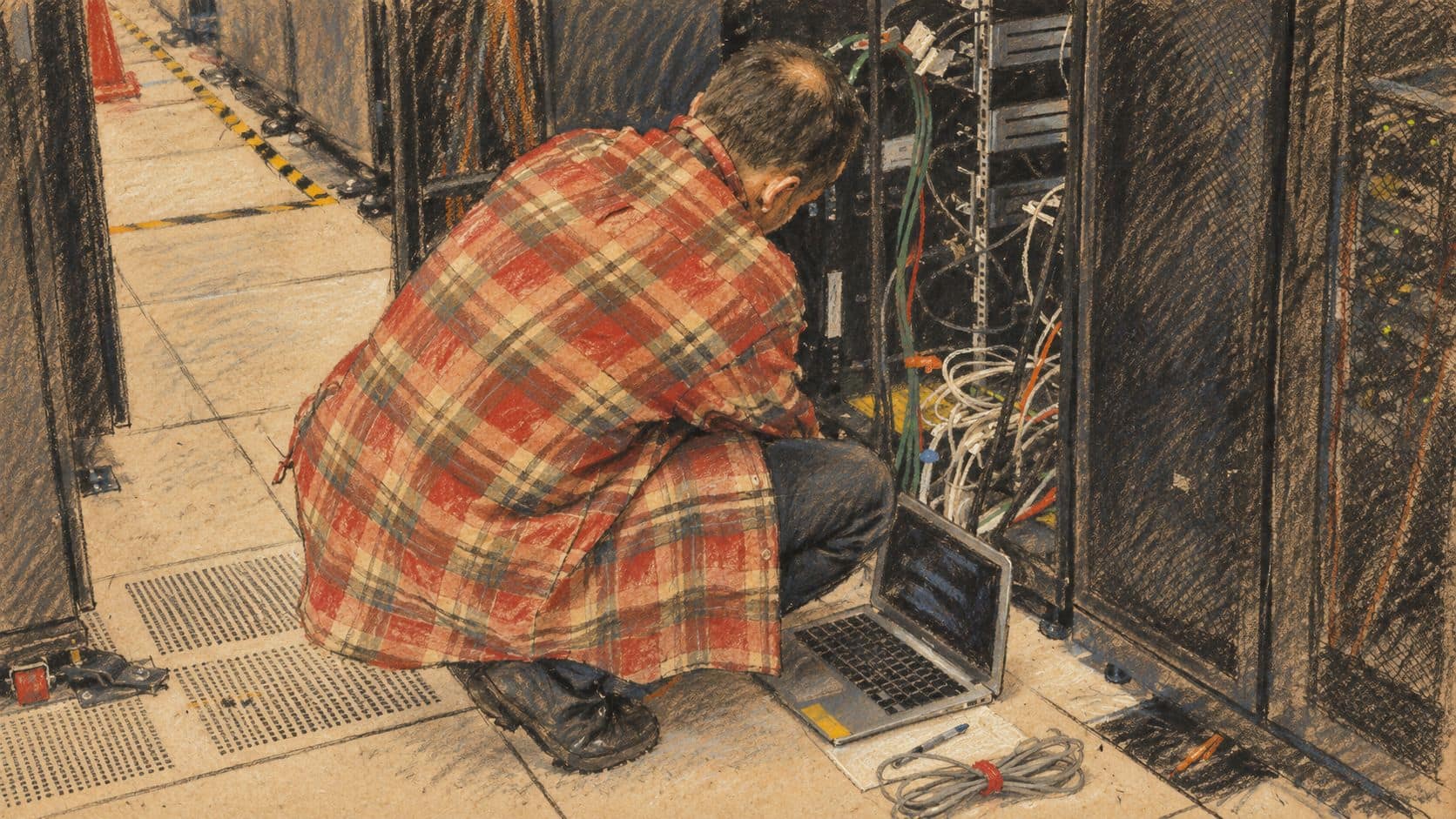 Courtroom-sketch editorial illustration of a technician crouching beside an open server rack with a laptop, based on an archival 2011 data-center photograph used as generic technology context.