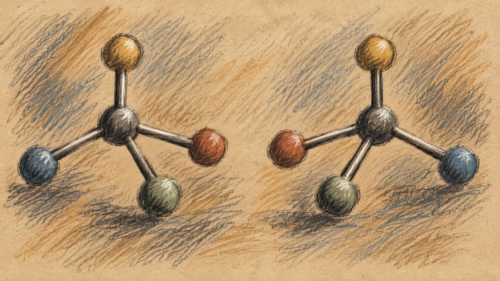 Courtroom-sketch editorial illustration of two mirror-image molecular models adapted from an archival chirality diagram; conceptual chemistry context, not a depiction of the Nobel announcement or its laureates, rendered in warm ochre and slate-blue pastel strokes.