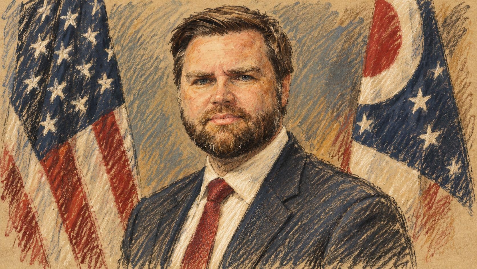 Courtroom-sketch editorial illustration of JD Vance in an archival Senate portrait with United States and Ohio flags