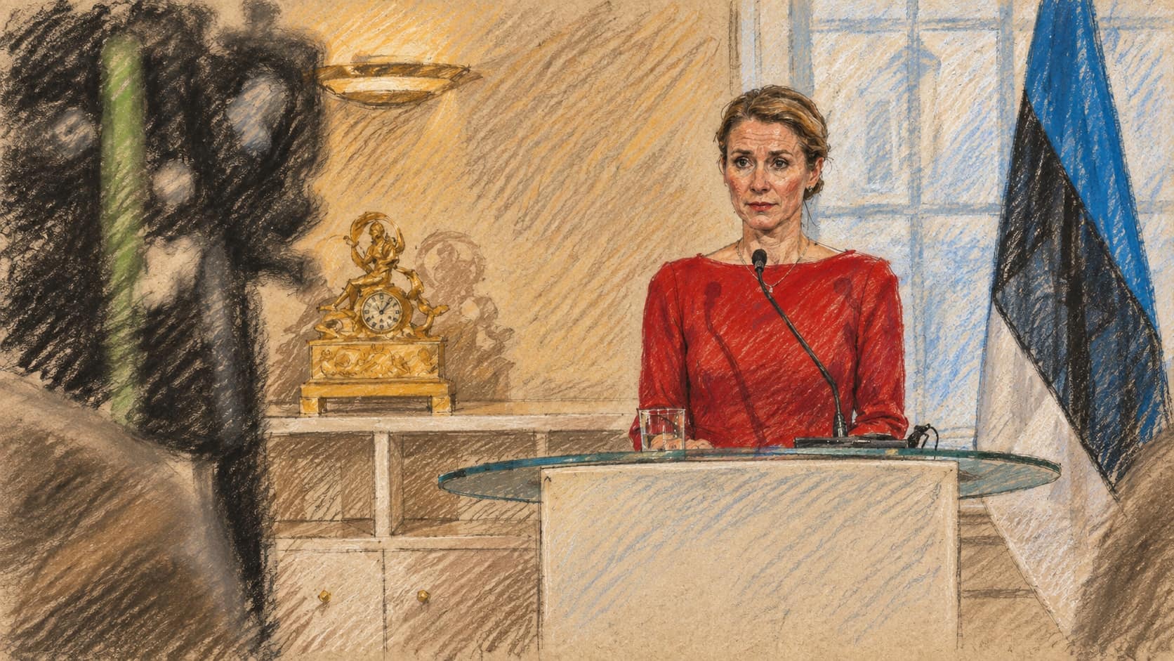 Courtroom-sketch editorial illustration of Kaja Kallas speaking at a lectern beside an Estonian flag in an archival March 2022 portrait; contextual artwork, not the October 2026 anniversary statement