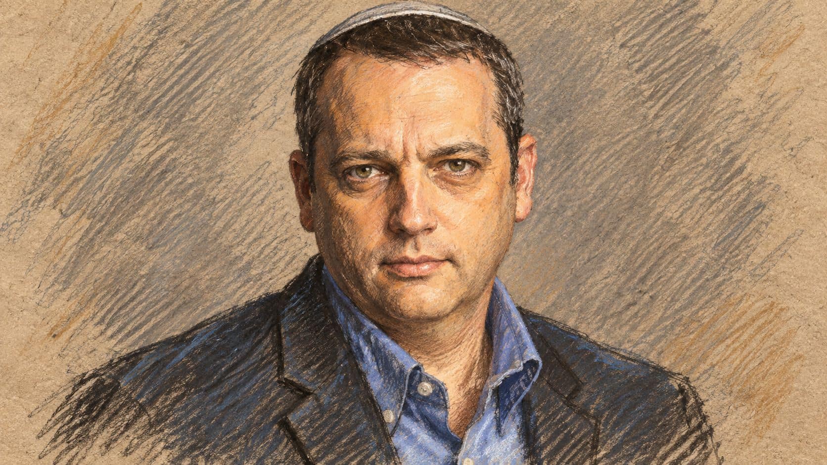 Courtroom-sketch editorial illustration of Gilad Kariv in a blue shirt, dark blazer and gray kippah, based on an archival 2015 portrait for context