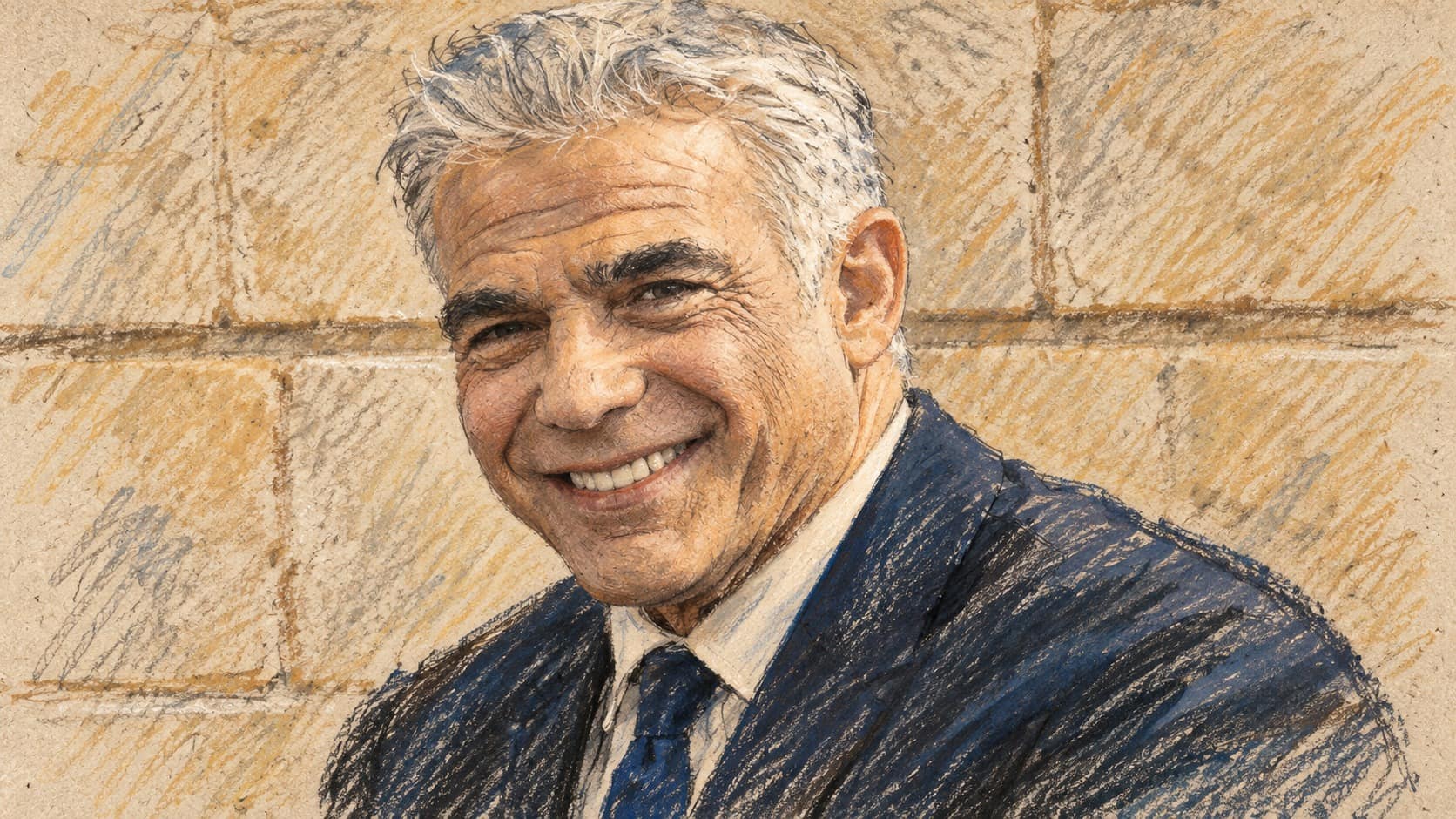 Courtroom-sketch editorial illustration of Yair Lapid in a dark suit and tie against a stone wall, based on an archival March 2022 portrait.