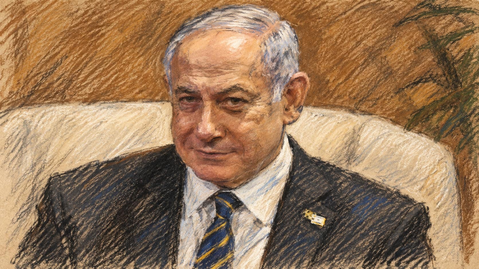 Courtroom-sketch editorial illustration of Benjamin Netanyahu seated in a cream chair, based on an archival January 2019 portrait used as political-actor context