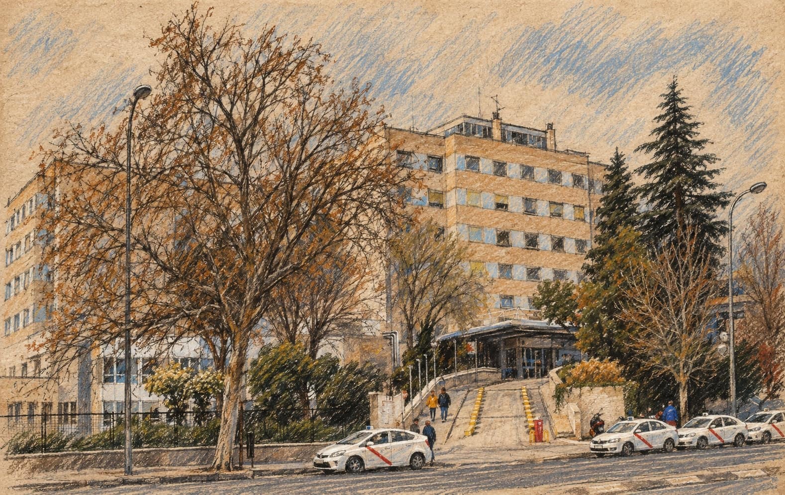 Courtroom-sketch editorial illustration of an archival May 2022 view of Hospital General Universitario Gregorio Marañón in Madrid, showing its multi-storey exterior, street trees, entrance driveway, small pedestrians and parked white taxis; contextual artwork, not a depiction of Maricarmen Abascal's death or eviction, rendered in warm ochre and slate-blue pastel strokes.