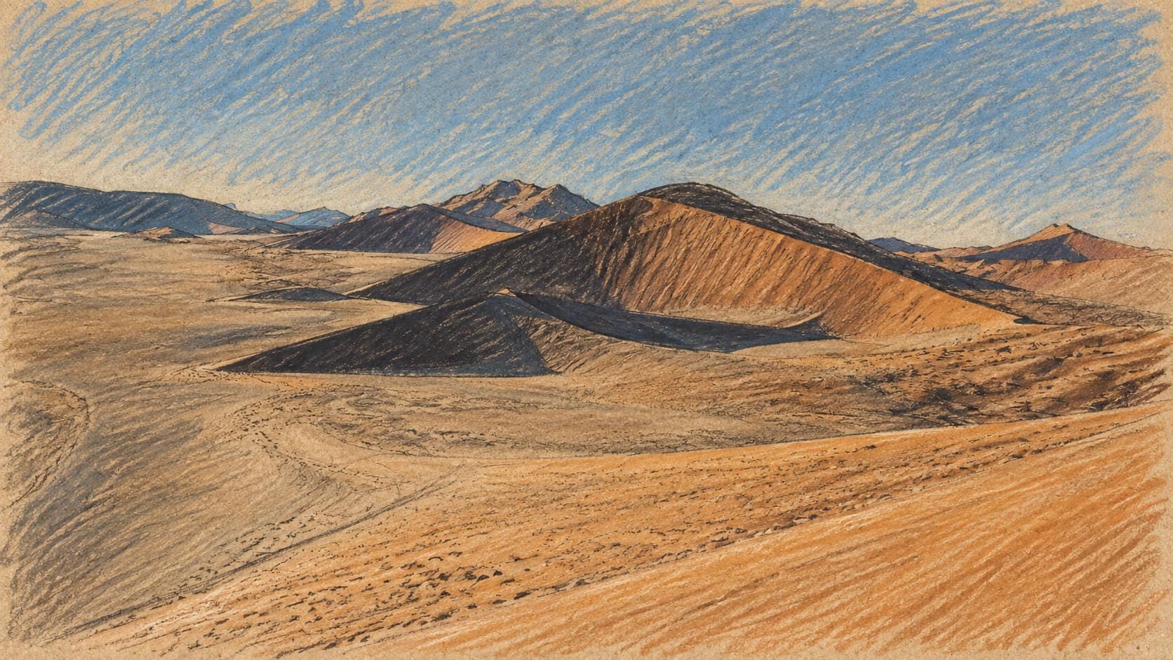 Courtroom-sketch editorial illustration of archival Namib Desert dunes in Namibia, used as country context rather than a depiction of the reported arrest