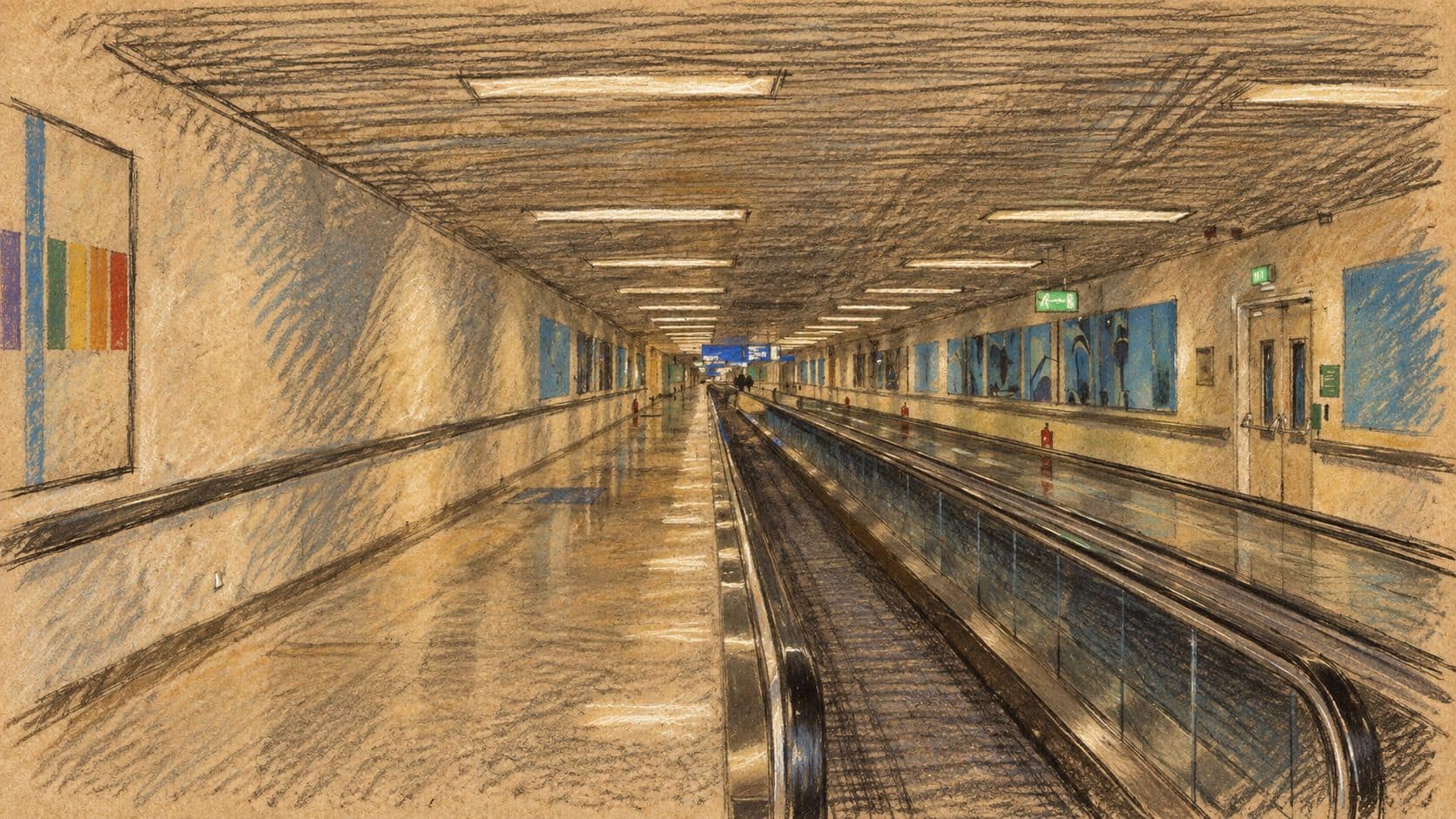 Courtroom-sketch editorial illustration of an archival Athens airport corridor and moving walkway, used as travel context