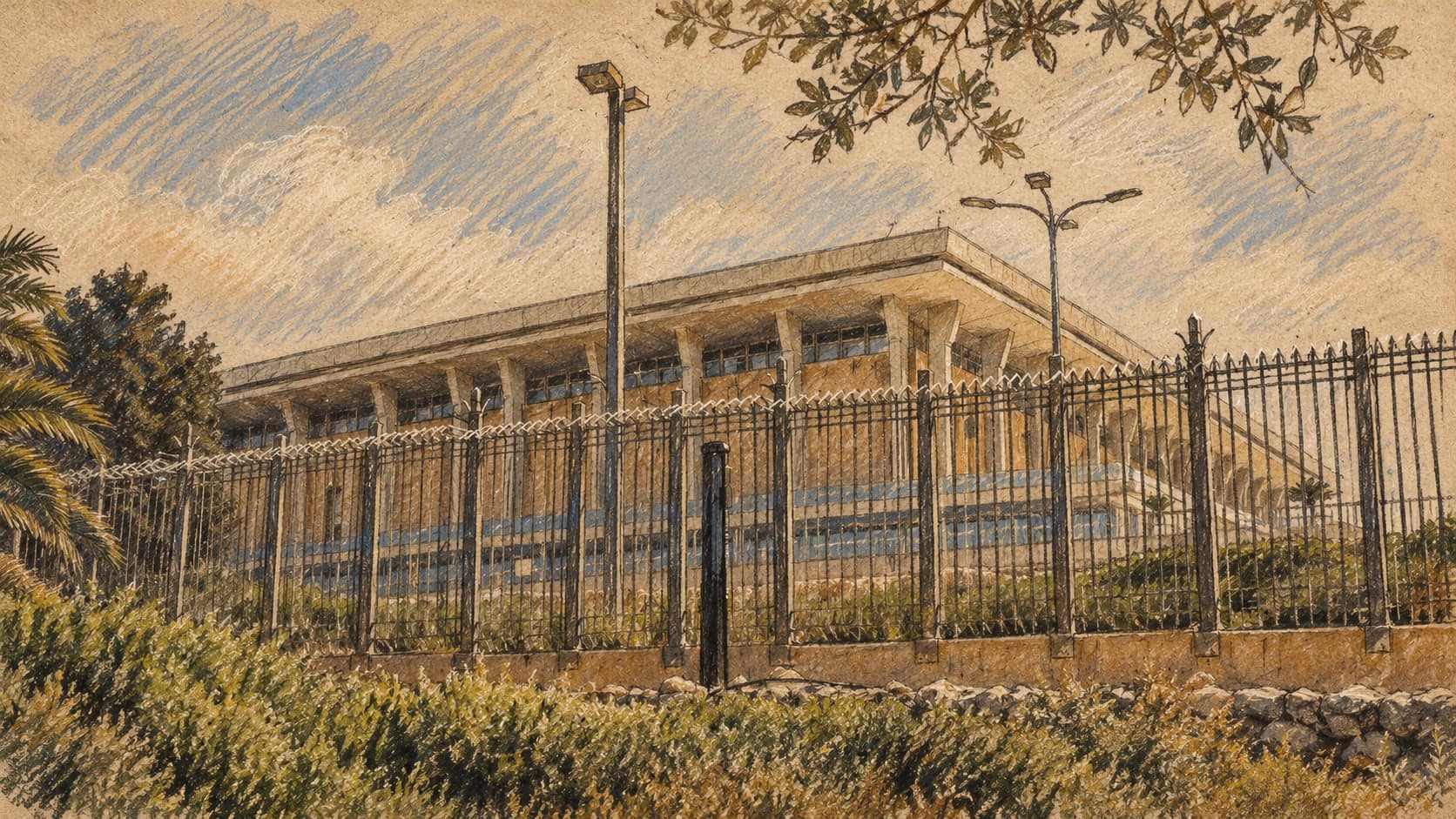 Courtroom-sketch editorial illustration of the Knesset building in Jerusalem behind an iron fence, shrubs and streetlamps, adapted from an archival 2018 photograph as institutional context.