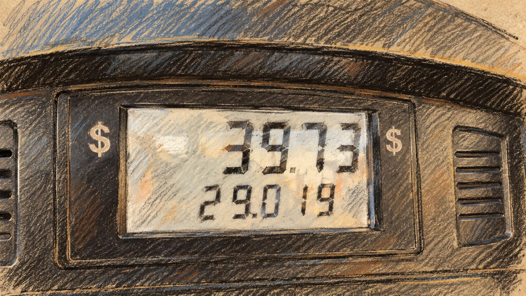 Courtroom-sketch editorial illustration of a fuel dispenser's digital meter, used as generic fuel-pricing context