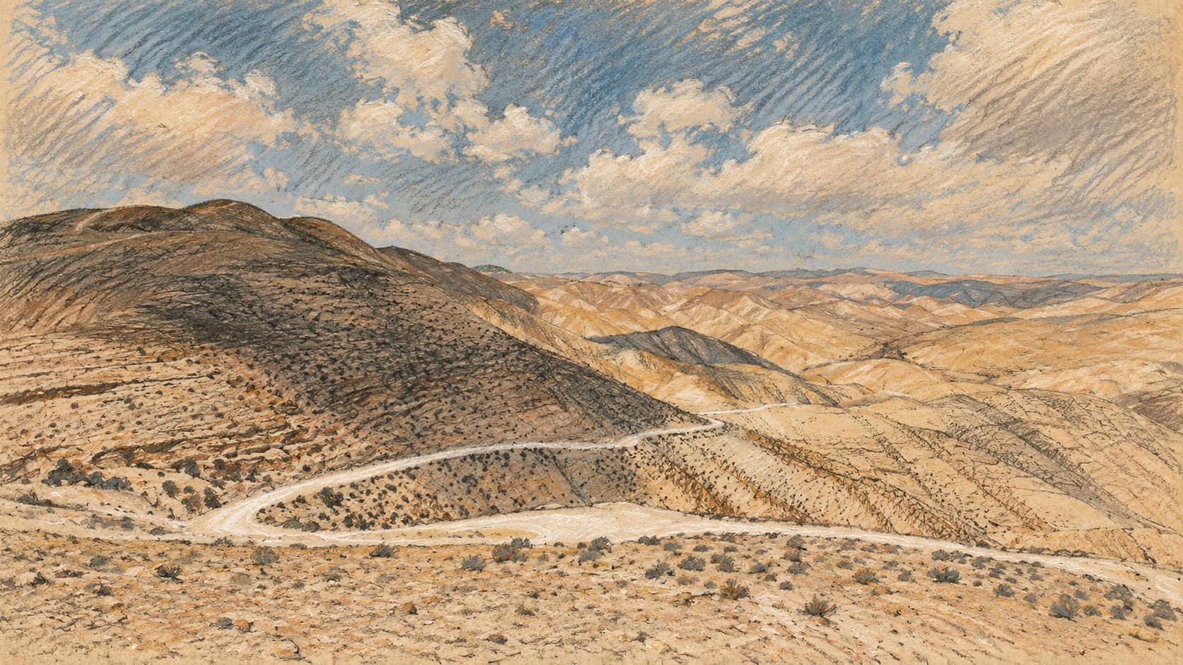 Courtroom-sketch editorial illustration of an archival desert landscape near Arad, shown as geographic context.