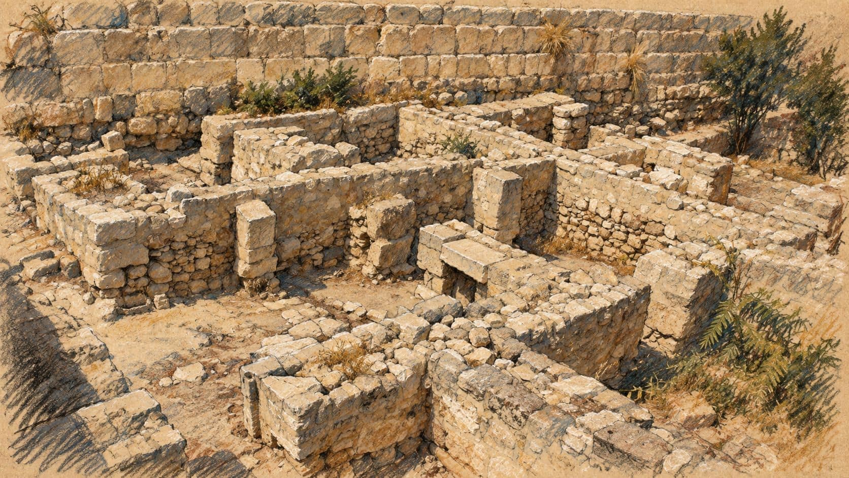 Courtroom-sketch editorial illustration of ancient stone excavations at Jerusalem Archaeological Park, based on an archival July 2018 photograph for location context; does not depict the forthcoming award ceremony