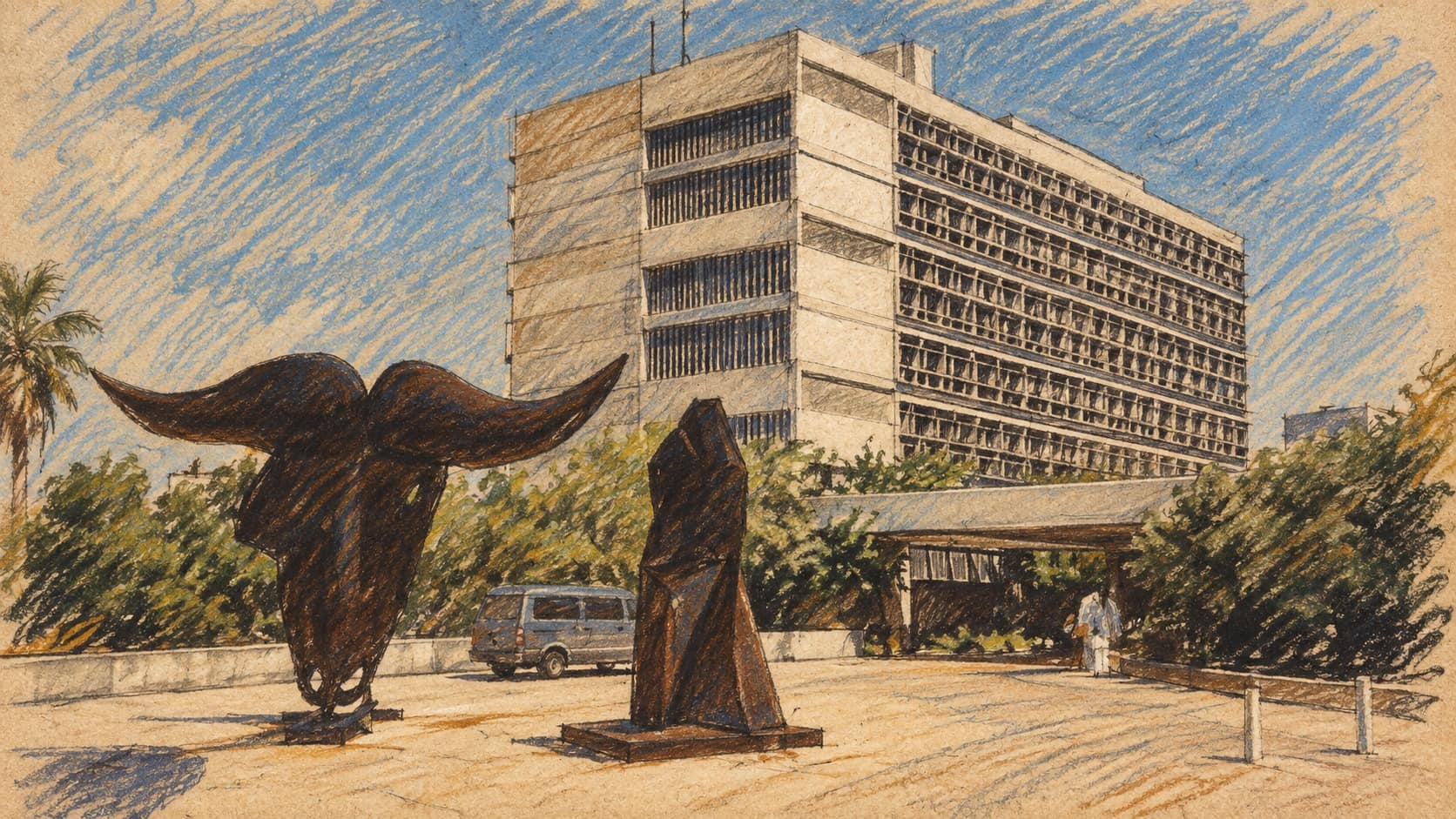 Courtroom-sketch editorial illustration of an archival Tel Aviv courthouse exterior and plaza, used as context for Israeli legal proceedings; the venue of the reported case is unverified