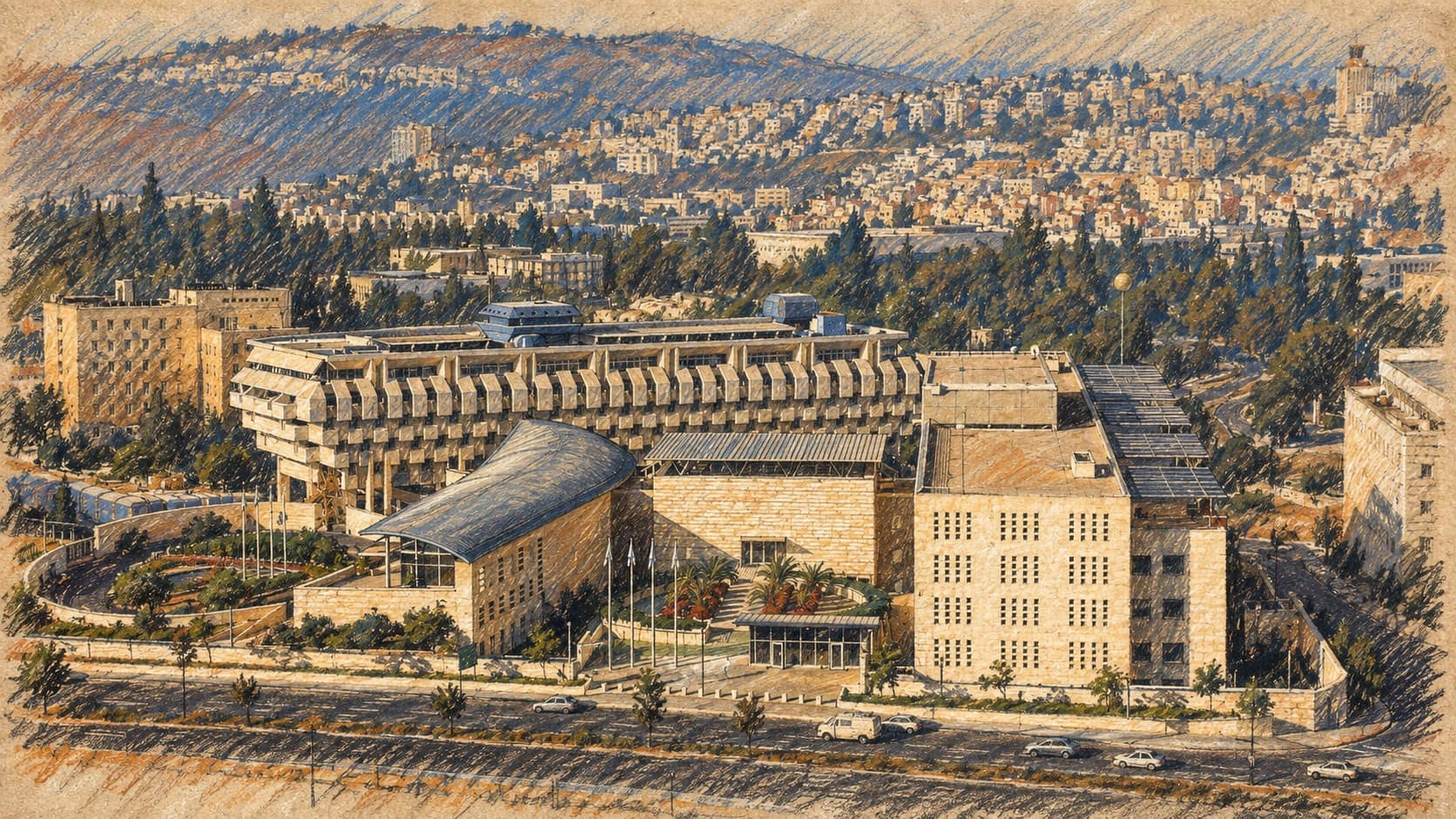Courtroom-sketch editorial illustration of the Foreign Ministry complex in Jerusalem, an archival July 2006 exterior used as institutional context, not the October 7 memorial ceremony