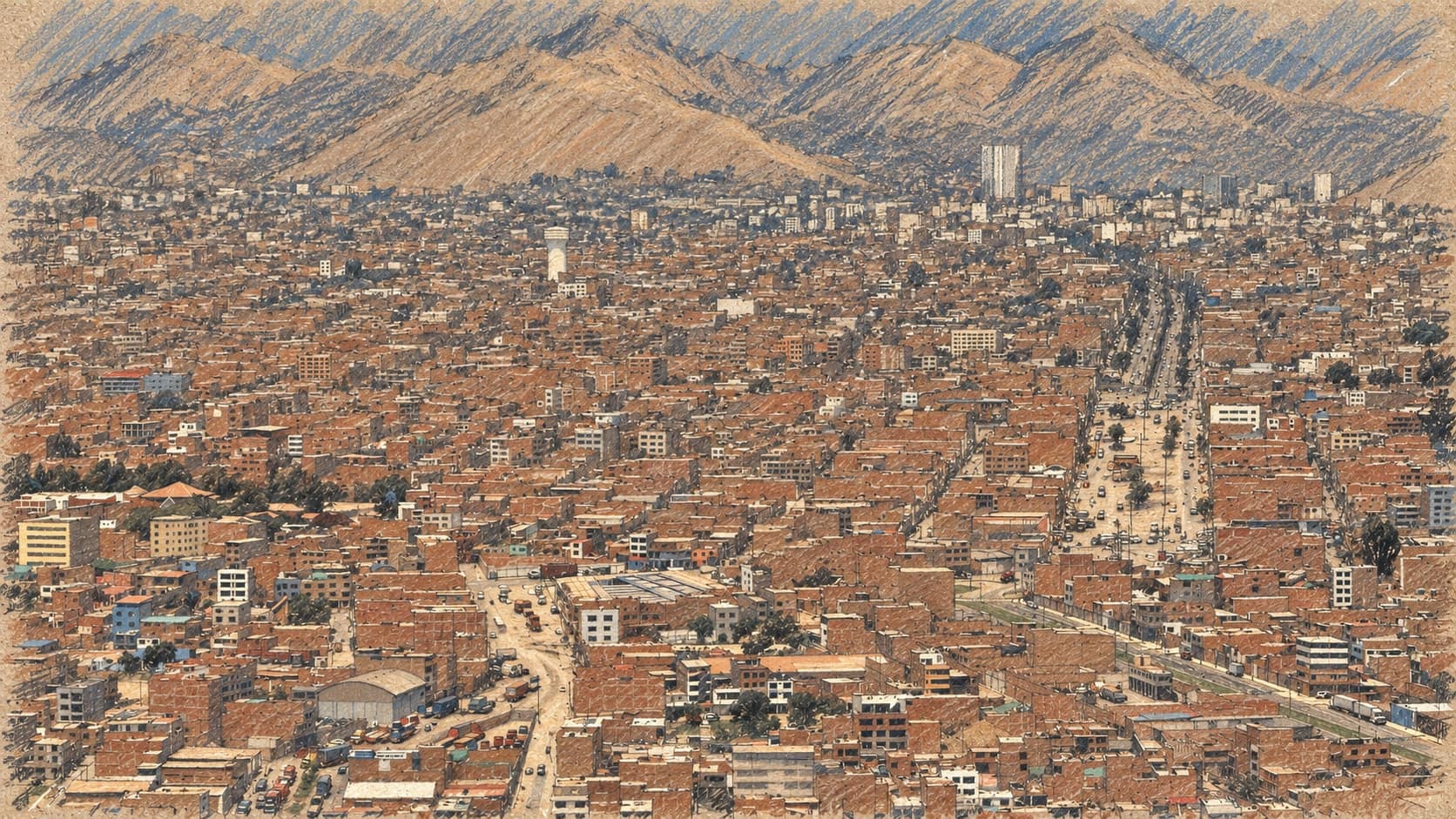 Courtroom-sketch editorial illustration of an archival February 2025 aerial view of San Martín de Porres, Los Olivos and Independencia districts in Lima, showing dense city blocks, long streets and bare mountains; geographic context, not the central bank headquarters or October 2026 rate announcement, rendered in warm ochre and slate-blue pastel strokes.