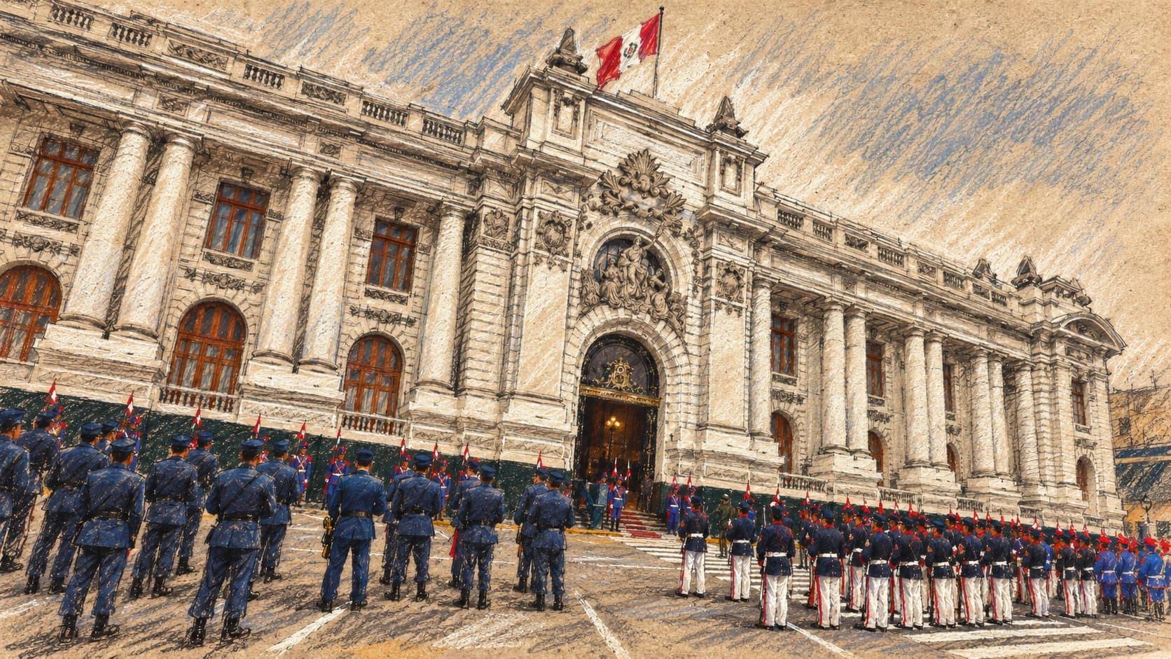Courtroom-sketch editorial illustration of the colonnaded exterior of Peru's Congress in Lima, with a Peruvian flag and rows of ceremonial personnel in an archival September 2024 anniversary scene; institutional context, not a depiction of the October 2026 legislative vote, rendered in warm ochre and slate-blue pastel strokes.