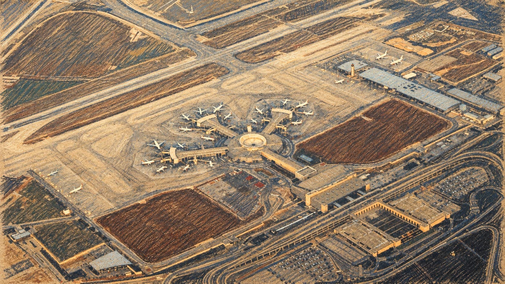 Courtroom-sketch editorial illustration of an archival aerial view of Ben Gurion Airport and its terminal, used as aviation context; not the location of the reported police check.