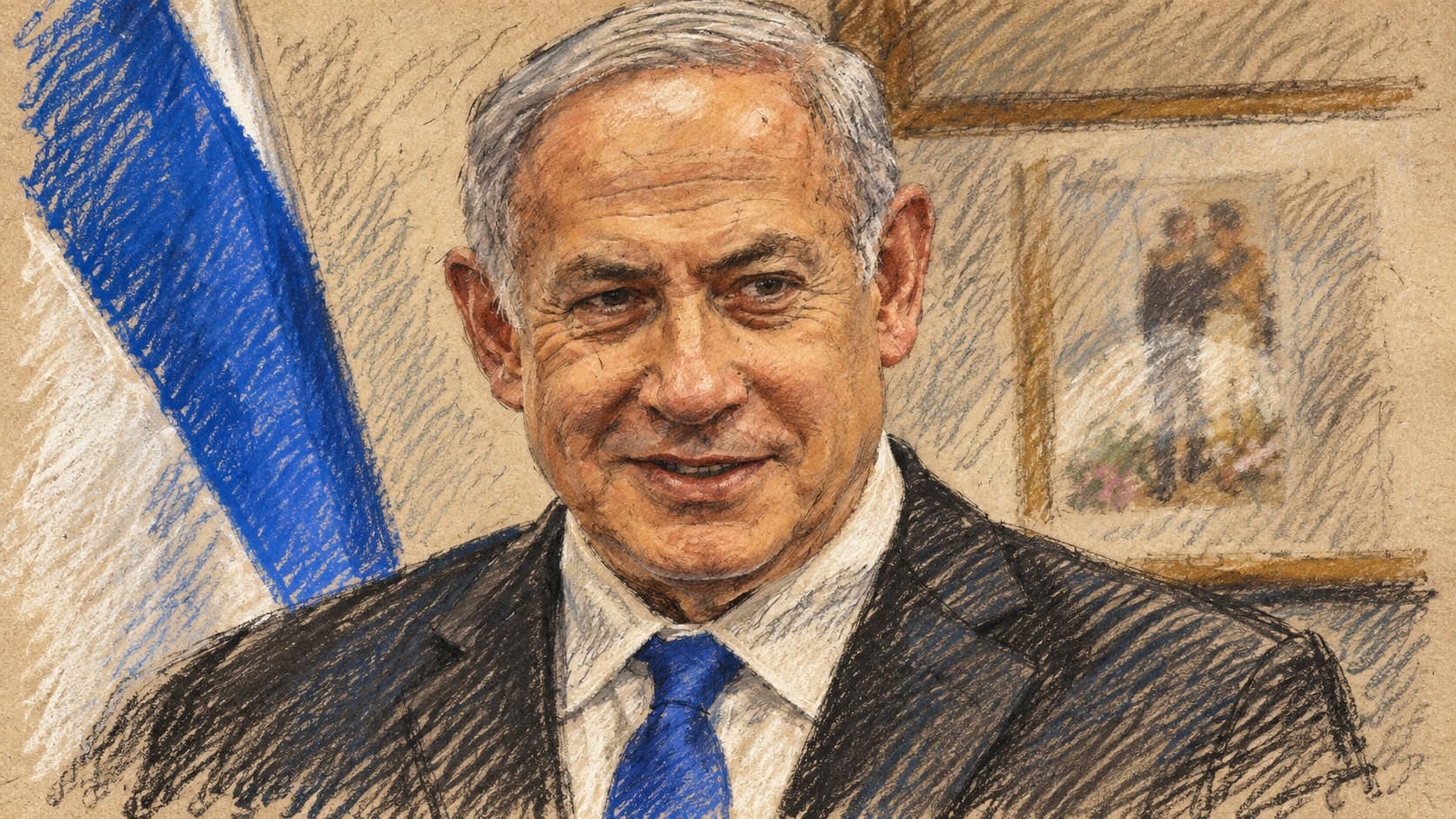 Courtroom-sketch editorial illustration of Benjamin Netanyahu in a dark suit and blue tie beside part of an Israeli flag, based on an archival 2018 portrait used as election context.