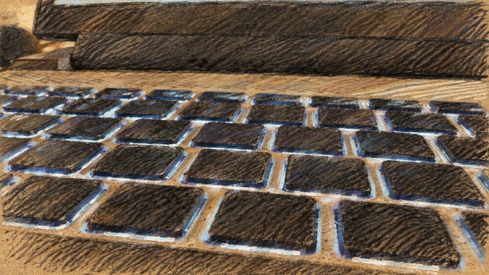 Courtroom-sketch editorial illustration of a backlit laptop keyboard, used as archival computer context