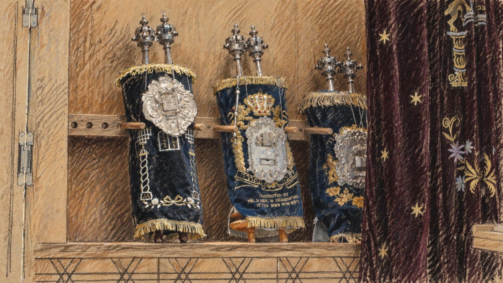 Courtroom-sketch editorial illustration of three covered Torah scrolls inside the Torah ark of the New Synagogue in Bochum, based on a 2014 photograph used as contextual religious imagery; it does not depict the reported dedication or remarks.