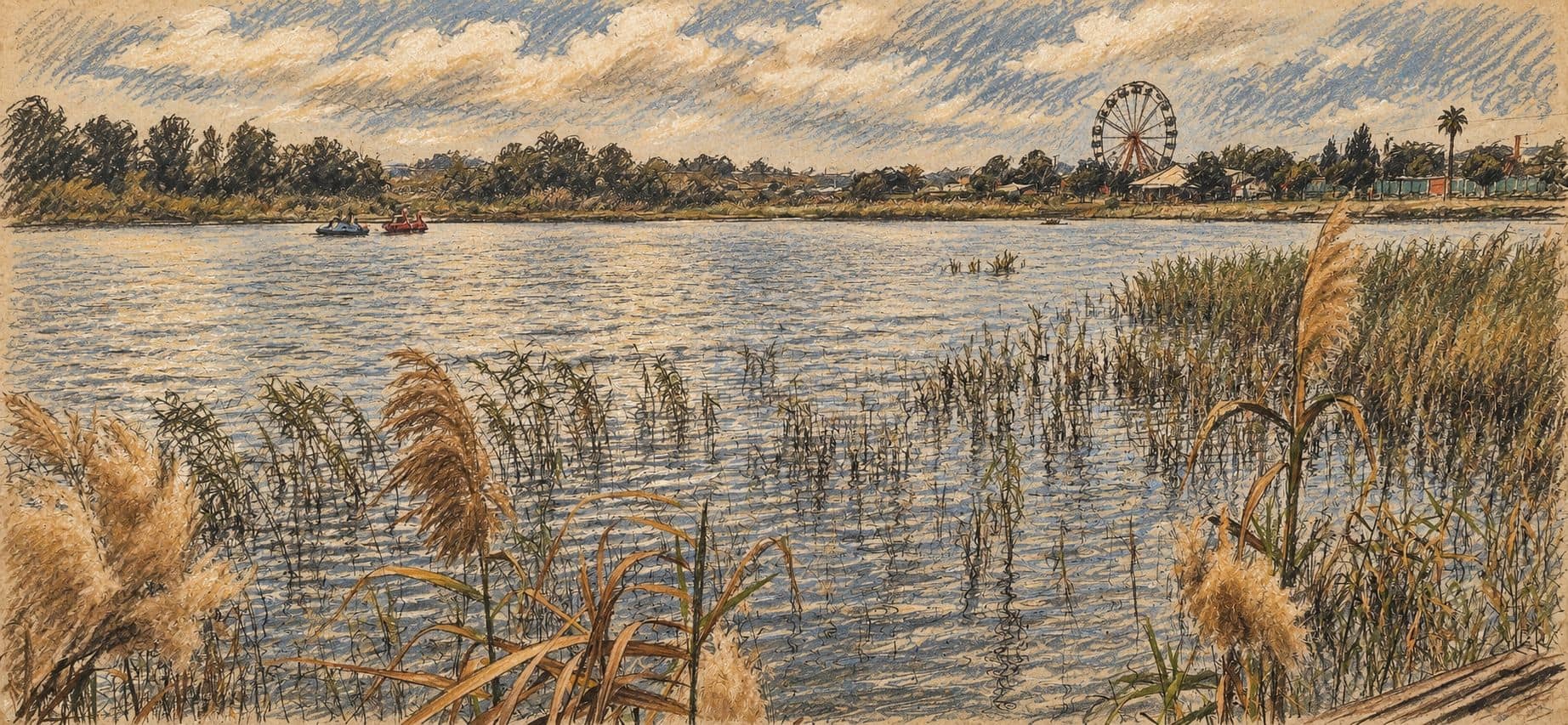 Courtroom-sketch editorial illustration of an archival view of Rishon LeZion Superland lake, with reeds and a distant Ferris wheel, providing city context