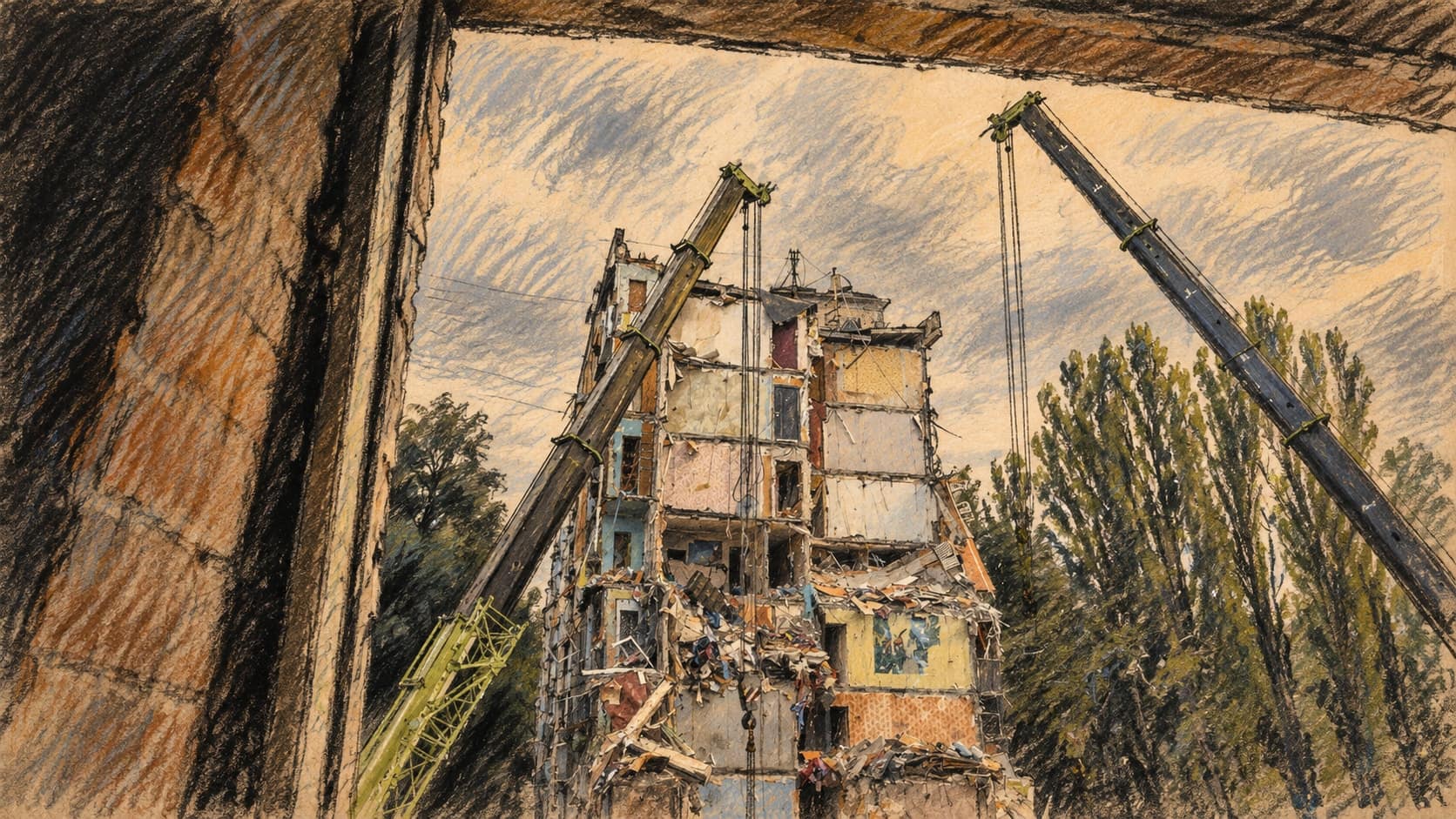 Courtroom-sketch editorial illustration of an archival July 31, 2025 view of a damaged Kyiv apartment building and two crane booms, seen through a dark window frame; contextual restoration scene, not a depiction of the October 7, 2026 garage-complex attack, rendered in warm ochre and slate-blue pastel strokes.
