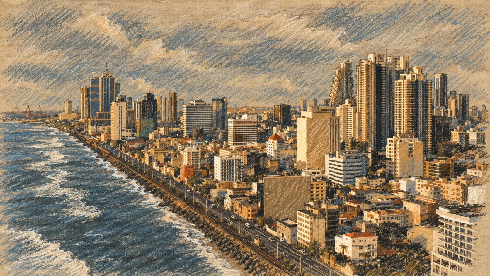 Courtroom-sketch editorial illustration of an archival December 2024 elevated view of Colombo's coastal skyline, with ocean and waves on the left, a coastal road, and high-rise towers on the right; geographic context, not a depiction of Shiranthi Rajapaksa, the courthouse or her October 2026 remand hearing, rendered in warm ochre and slate-blue pastel strokes.