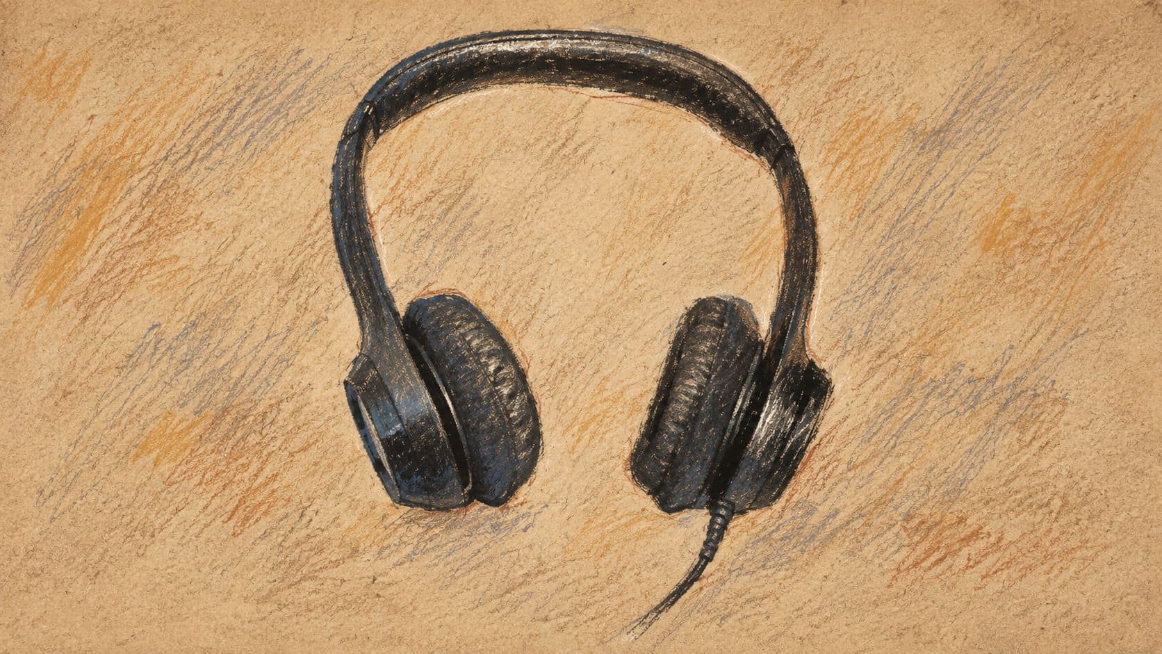 Courtroom-sketch editorial illustration of black over-ear headphones and a trailing cable against a plain background, used as archival listening context for audiobook access.