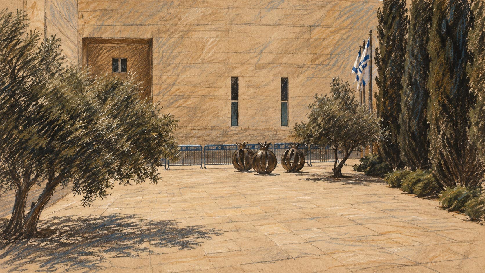 Courtroom-sketch editorial illustration of the empty courtyard outside the Supreme Court of Israel in Jerusalem, with three pomegranate sculptures, a limestone facade and trees; an archival contextual view of the court, not the appeal hearing.