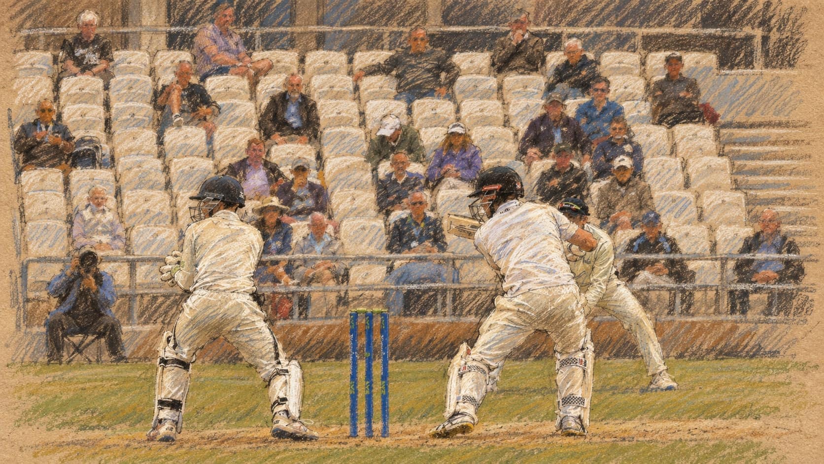 Courtroom-sketch editorial illustration of Travis Head batting for Sussex in an archival June 2021 cricket match, with a wicketkeeper, blue stumps, a slip fielder and seated spectators; contextual artwork, not a depiction of his October 2026 remarks, rendered in warm ochre and slate-blue pastel strokes.