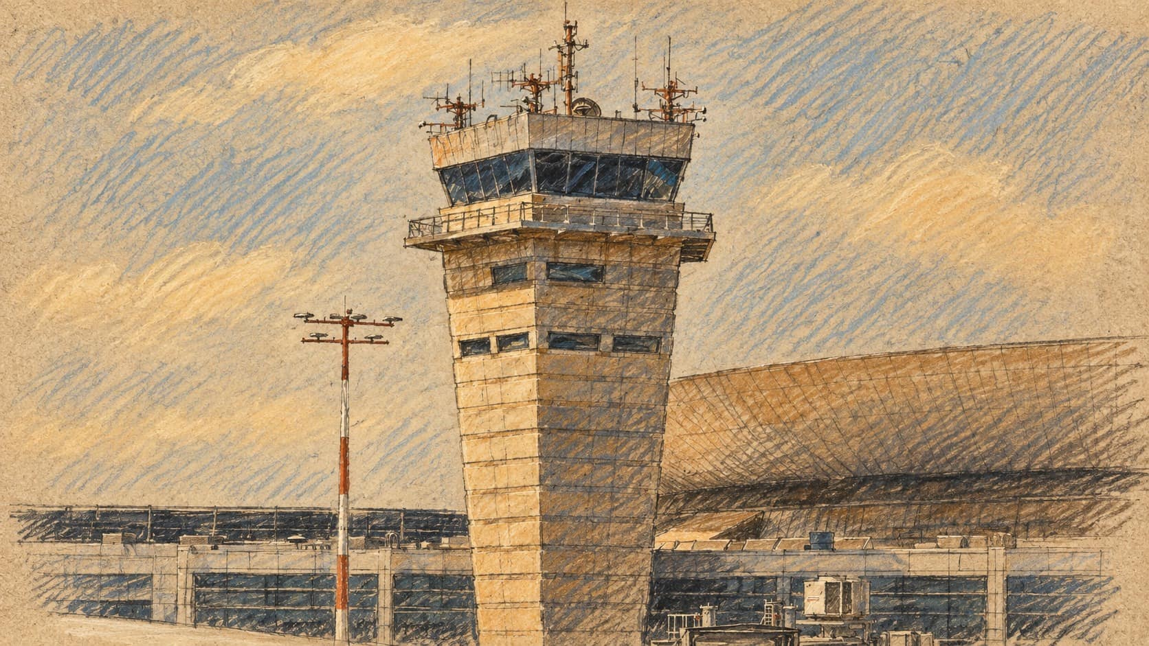 Courtroom-sketch editorial illustration of Ben Gurion Airport’s Ramon control tower and terminal buildings, based on an archival August 2025 photograph for airport context