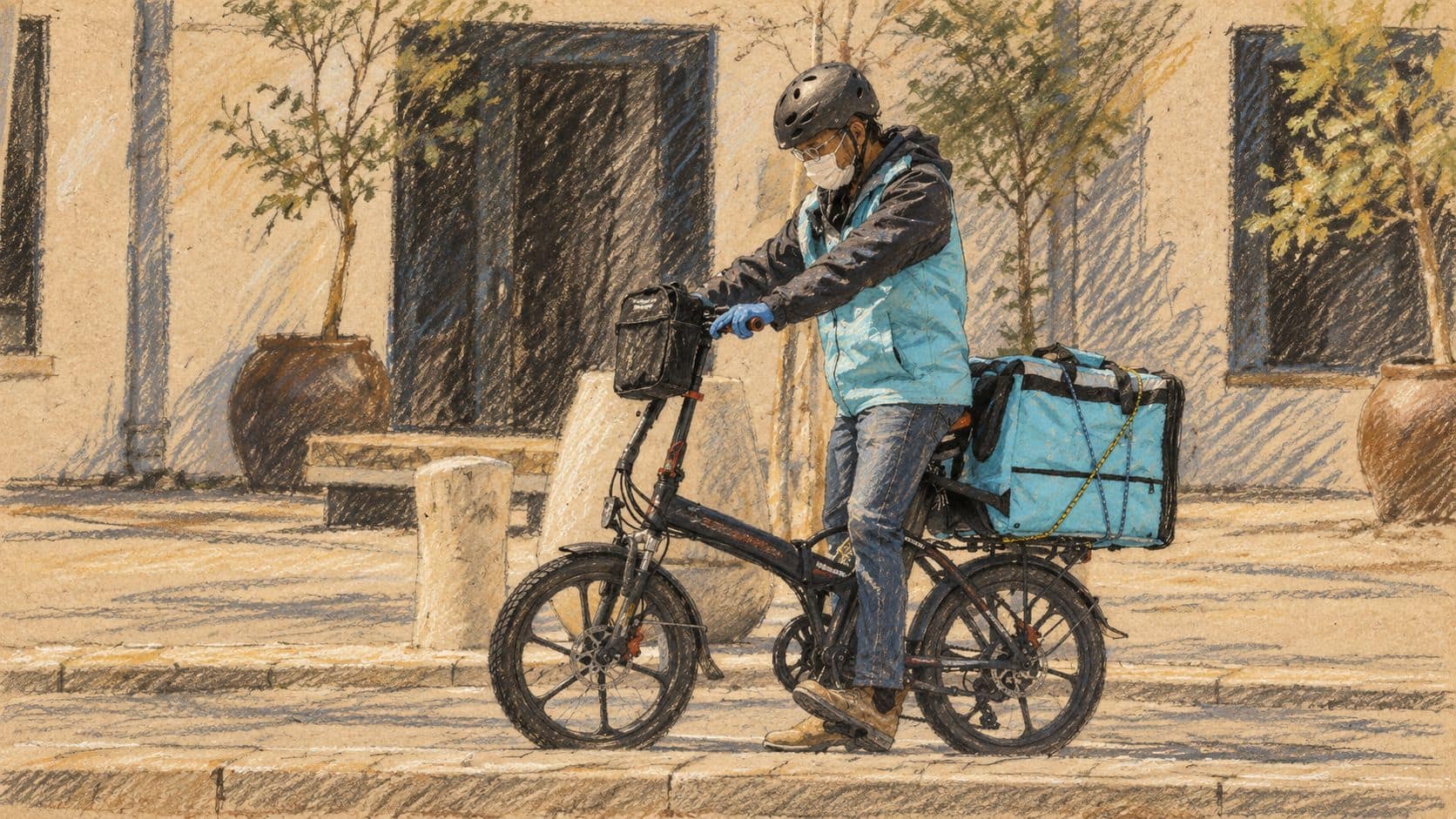 Courtroom-sketch editorial illustration of a helmeted delivery cyclist beside a black bicycle with a turquoise delivery box on a pavement outside a pale building.