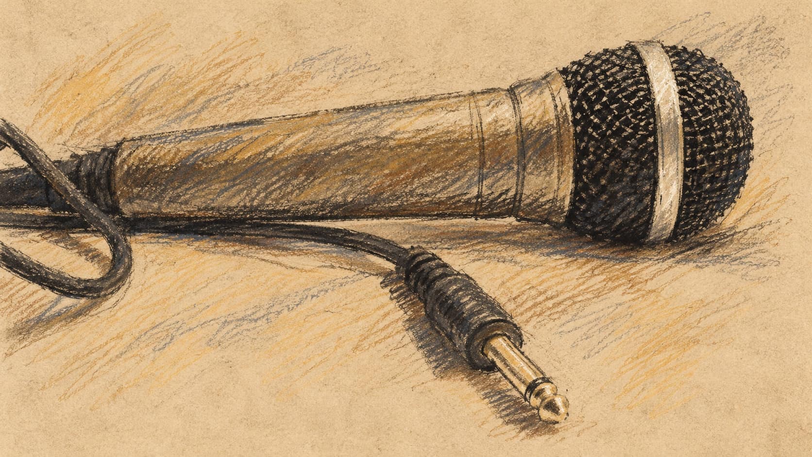 Courtroom-sketch editorial illustration of an archival microphone and cable, providing radio-interview context rather than depicting Haimov or the Kol Barama studio