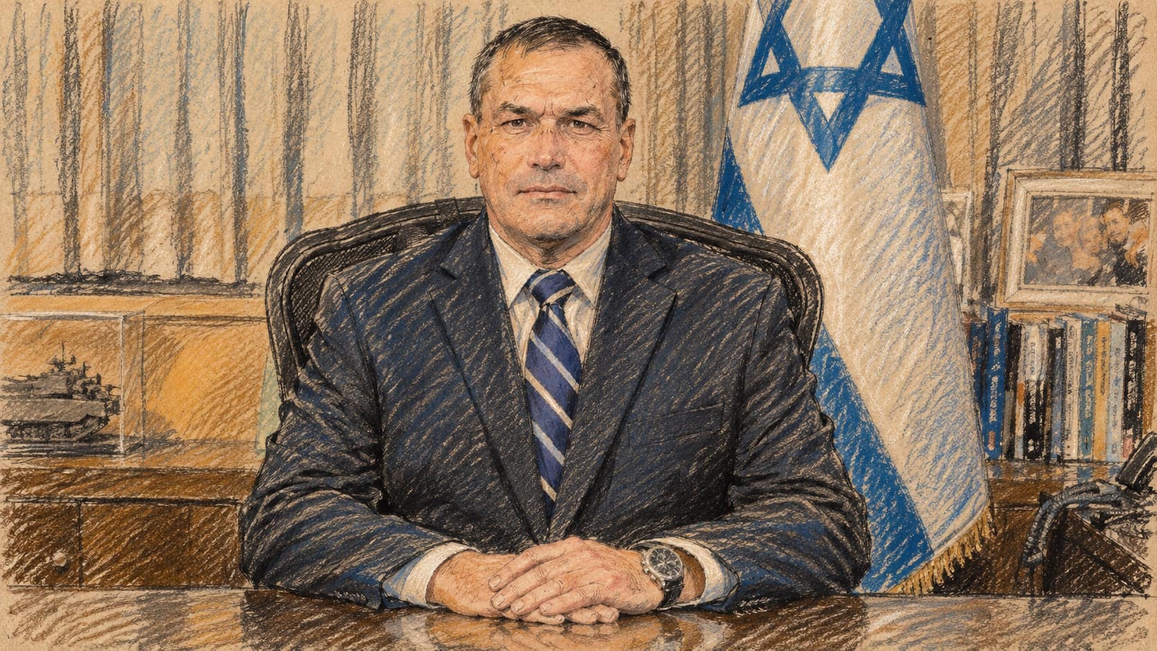 Courtroom-sketch editorial illustration based on an archival March 2022 portrait of Eyal Zamir seated at an office desk in a civilian suit, with a plain Israeli flag behind him; contextual actor portrait, not the October 7, 2026 Division 38 exercise.