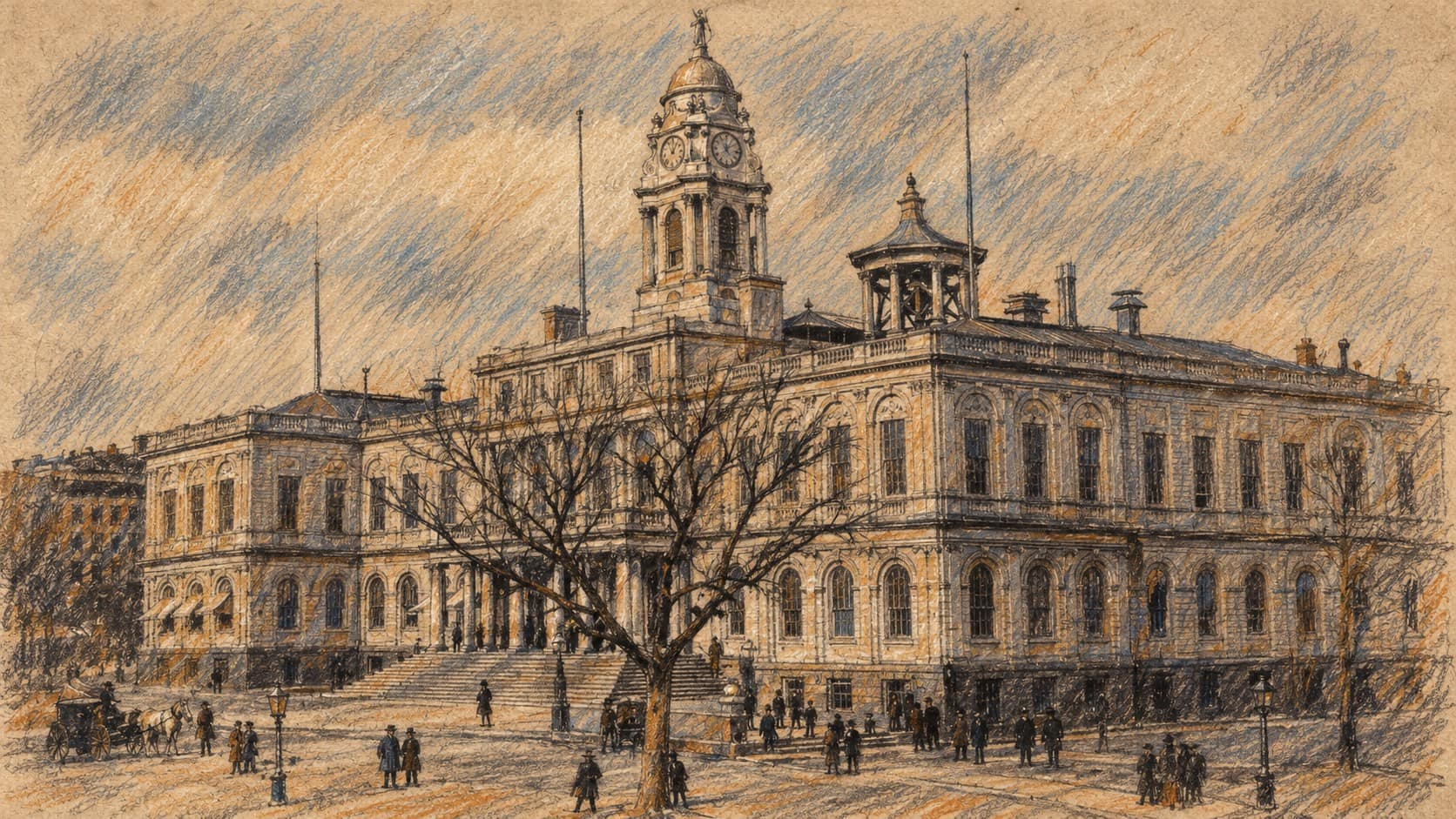 Courtroom-sketch editorial illustration of New York City Hall with its clock tower, cupola and bare tree, based on an archival exterior view.