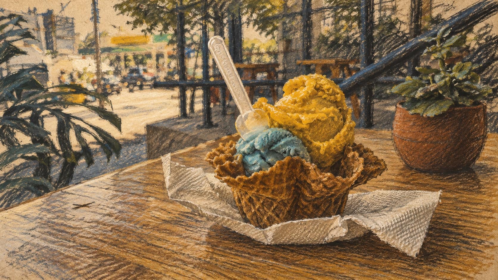 Courtroom-sketch editorial illustration of ice cream scoops in a waffle bowl on a cafe table, used as a contextual image