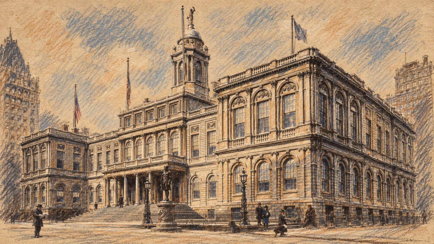 Courtroom-sketch editorial illustration of an archival 1919 view of New York City Hall, with its clock tower, columns and steps; contextual architecture, not the October 2026 protest.
