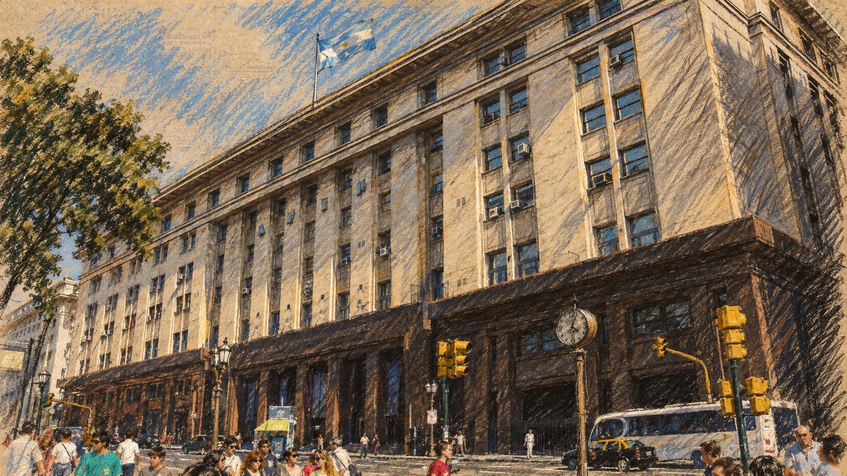 Courtroom-sketch editorial illustration of an archival December 2010 street view of the former AFIP tax-administration headquarters in Buenos Aires, with its broad stone facade, Argentine flag, tree, pedestrians, yellow traffic signals and bus; contextual Argentine tax-administration architecture, not a depiction of the October 2026 ARCA filing extension, rendered in warm ochre and slate-blue pastel strokes.