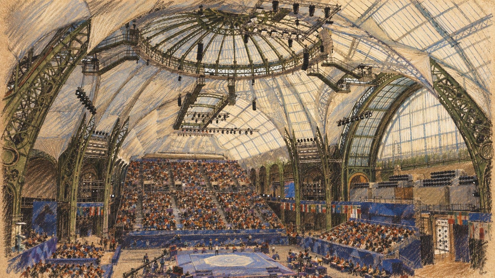 Courtroom-sketch editorial illustration of the Grand Palais taekwondo arena in Paris, based on an archival 2024 view with a vaulted glass roof, spectator stands and competition mats; contextual artwork rather than the 2026 Grand Prix.