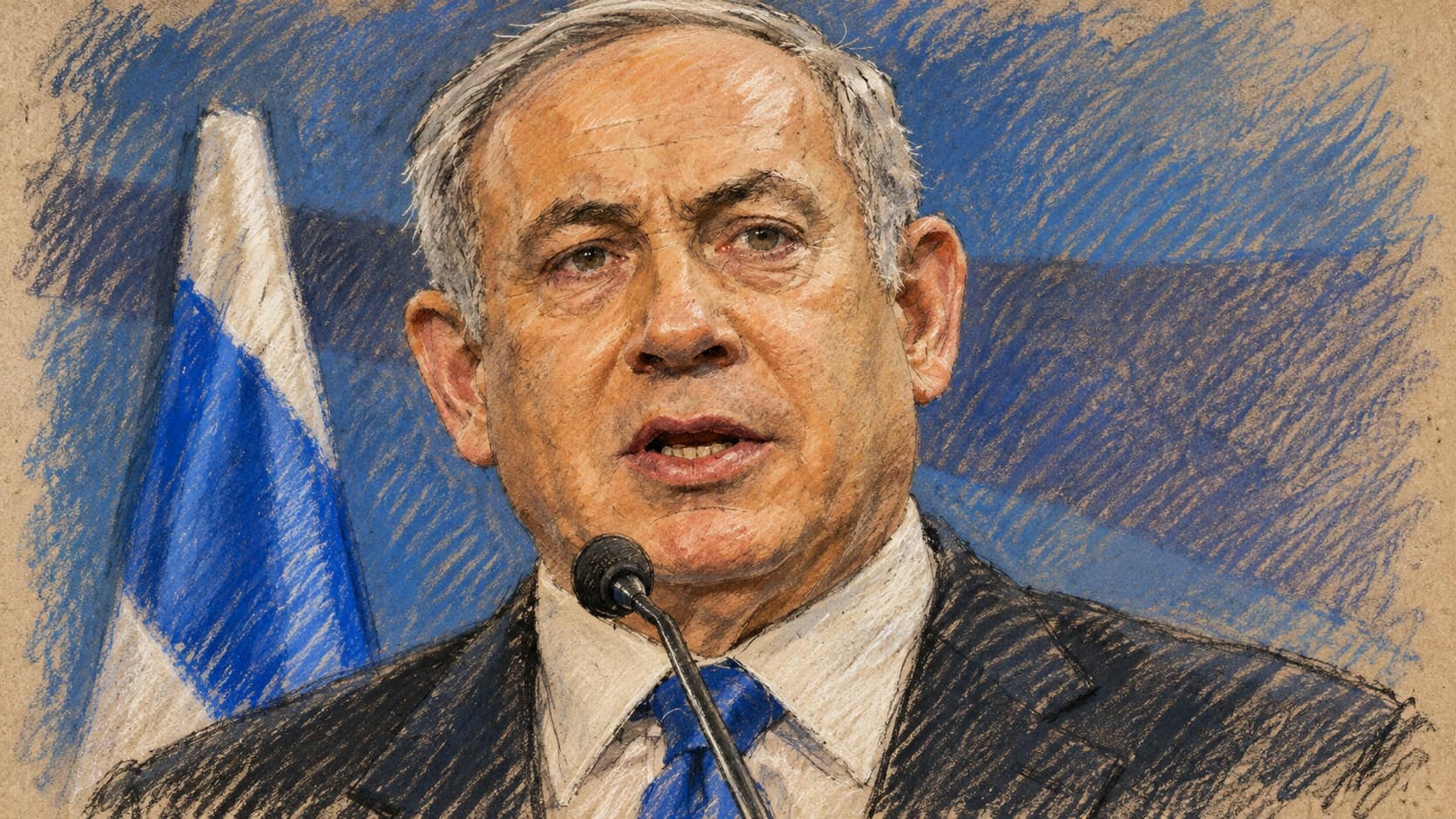 Courtroom-sketch editorial illustration of Benjamin Netanyahu speaking at a microphone in an archival portrait